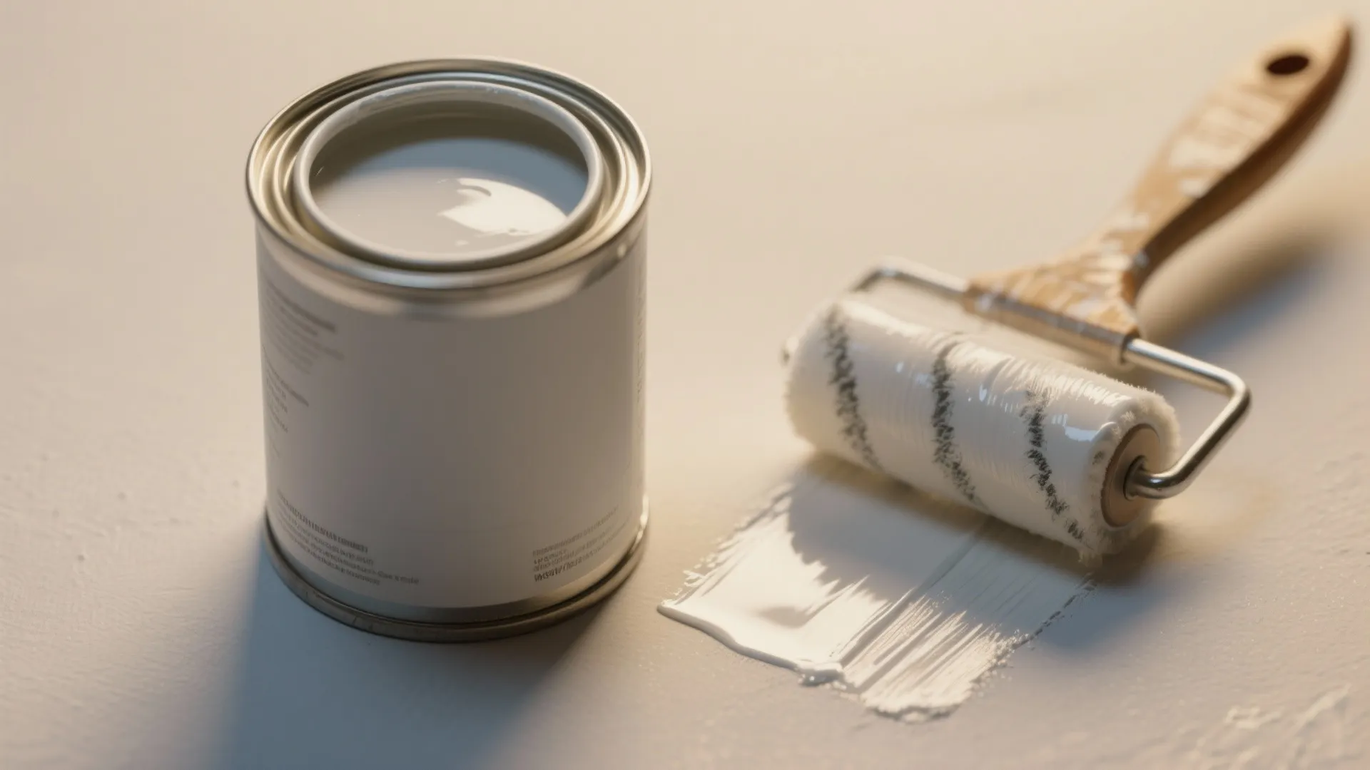 Open white paint can next to a small paint roller on a light colored surface
