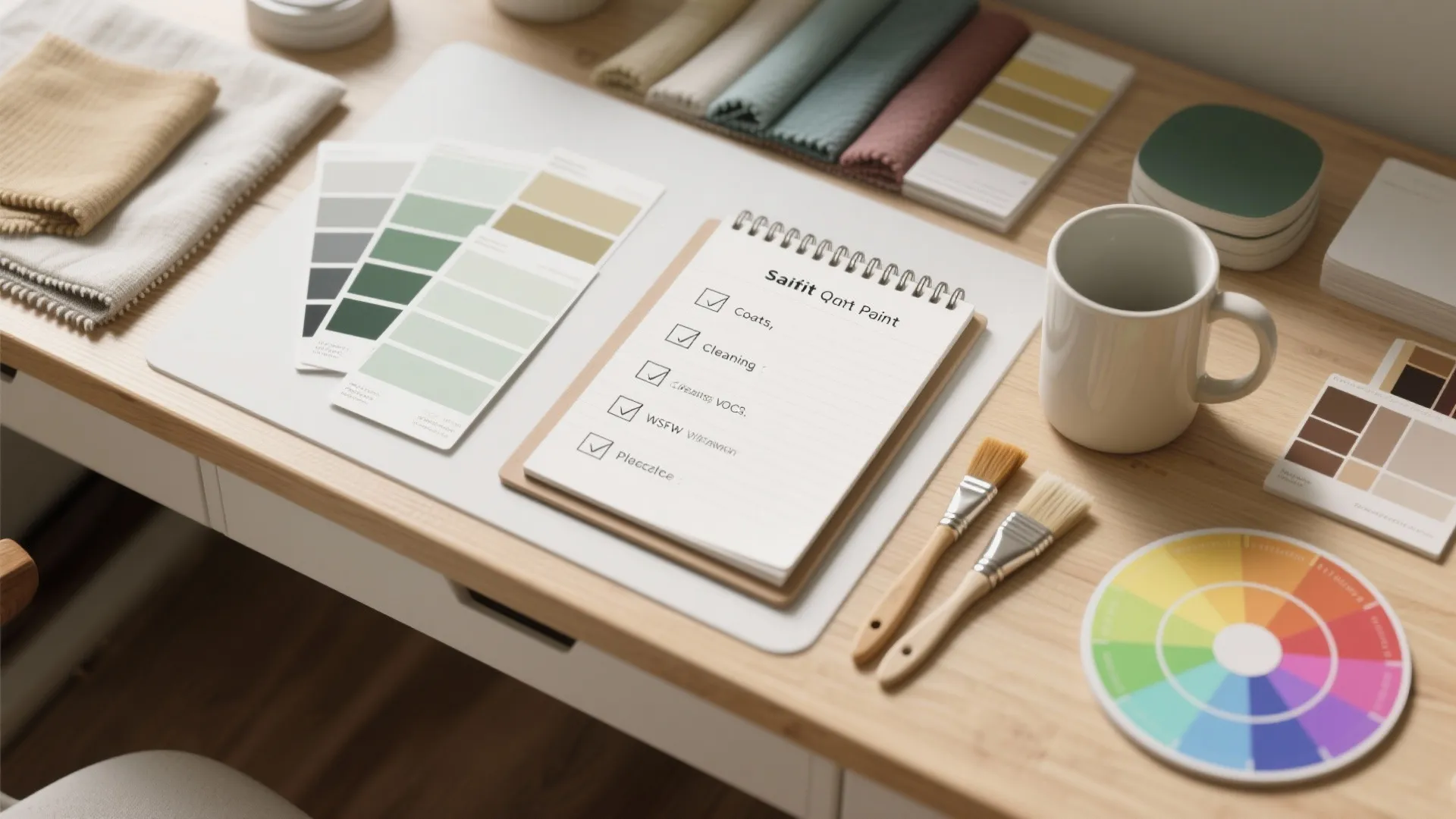 Desk with paint color samples notebook checklist brushes coffee mug and interior design material mood board