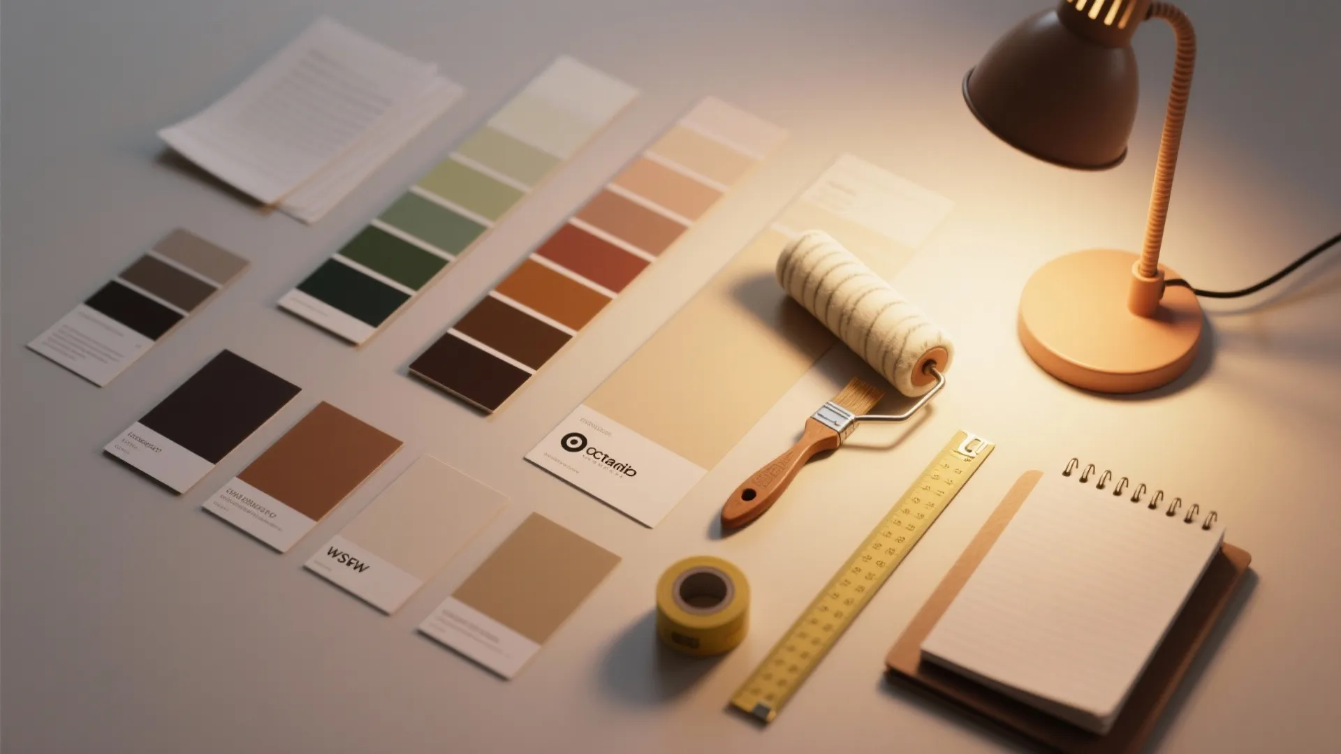 Desk with color swatches paint roller brush ruler notebook and a desk lamp for design