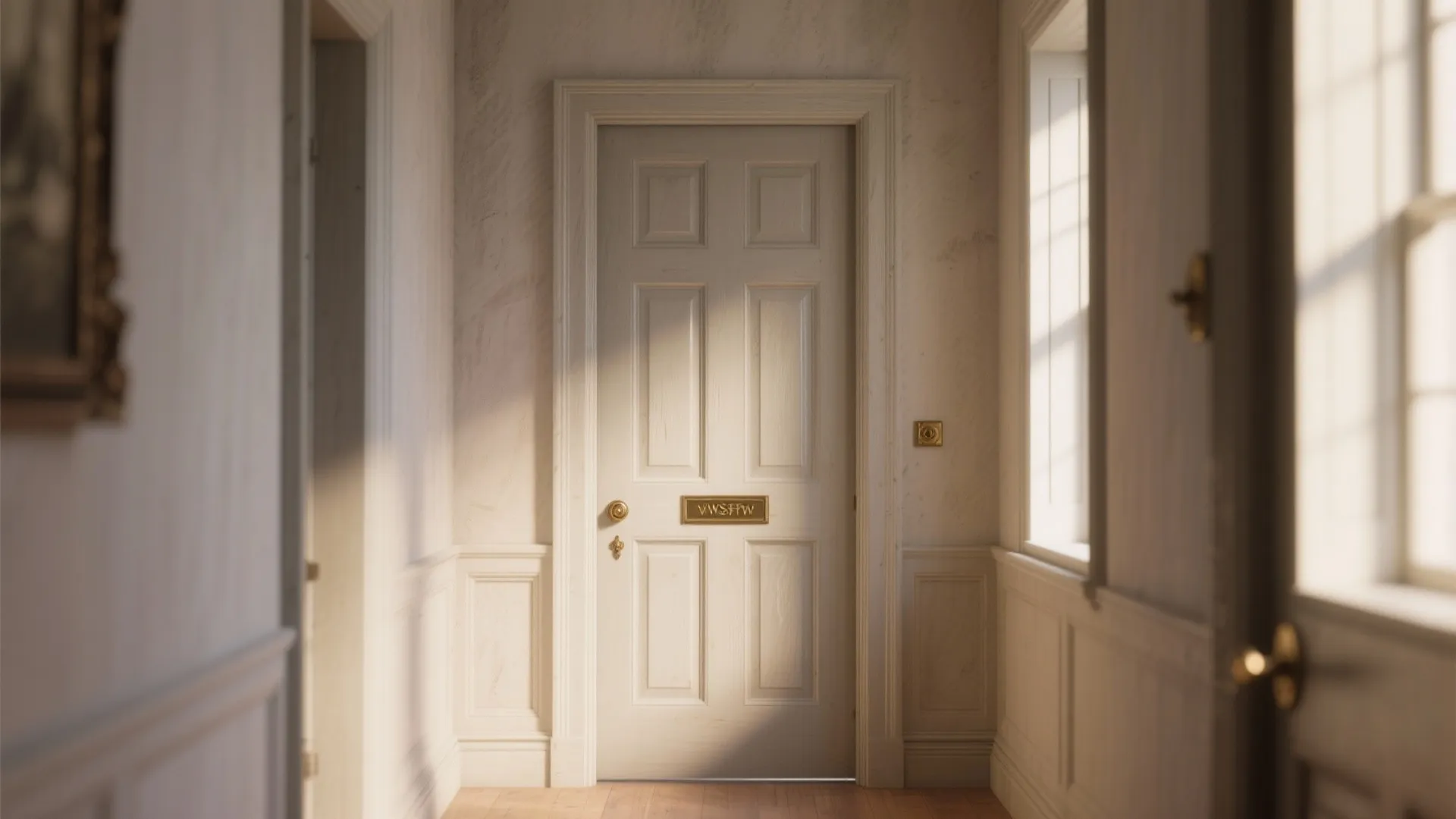 Elegant white wooden door at the end of a bright hallway with classic wall panel
