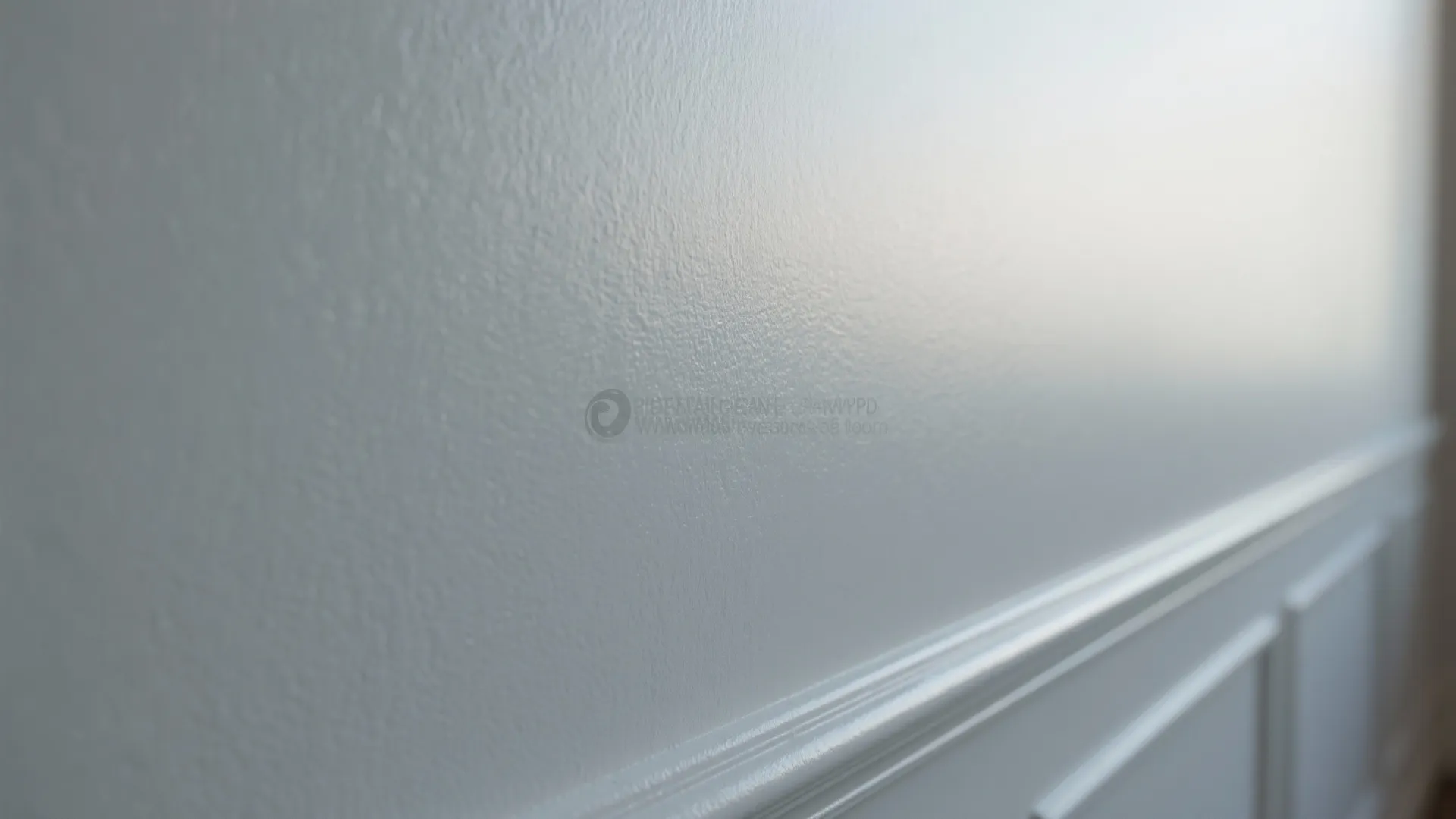 Close up of smooth white wall paint with satin finish and decorative lower wall panel