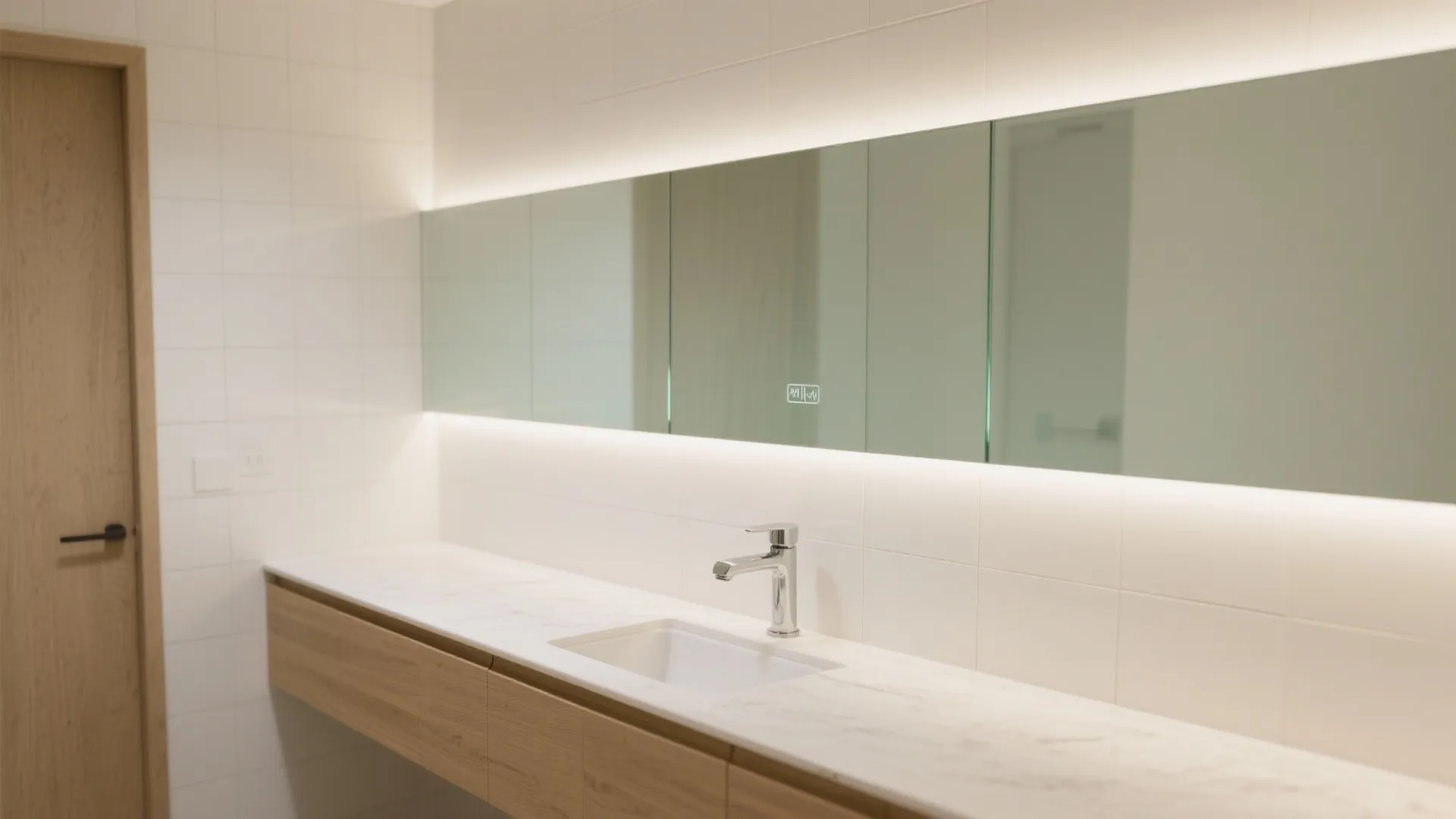 4) Satin glass backsplash panels for a cleaner mirror wall