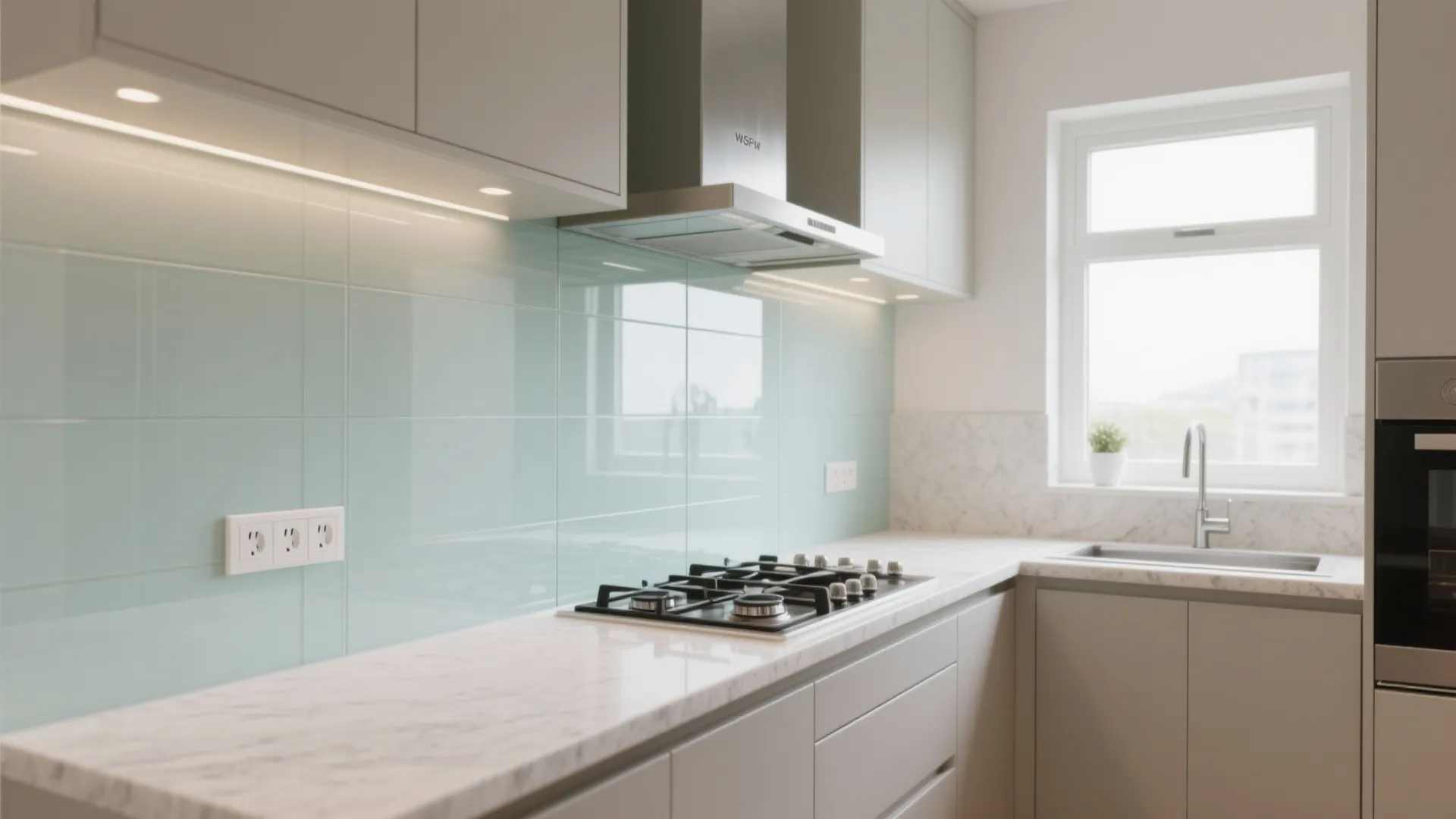 Compact kitchen with full-height satin glass backsplash and pale quartz counters reflecting soft daylight