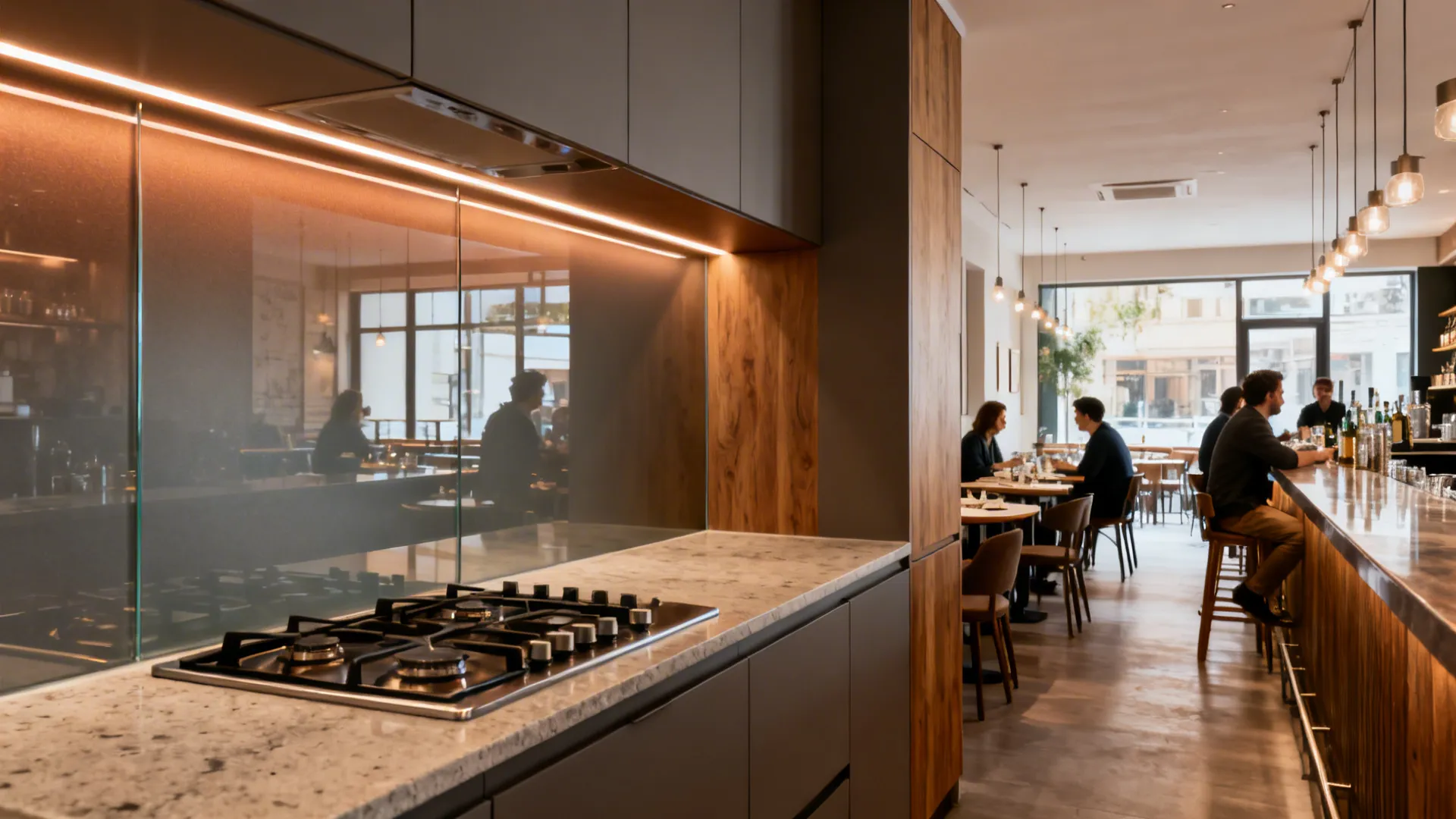 2) A glass backsplash to extend sightlines across zones