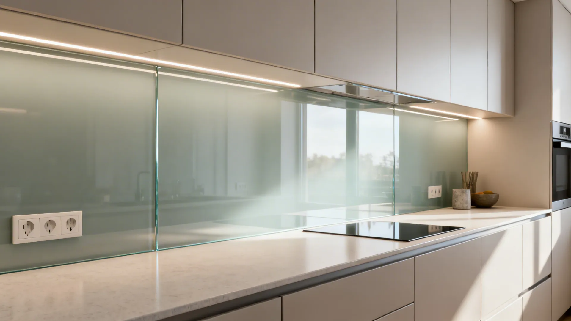 Satin low-iron glass backsplash in a compact galley kitchen with soft LED glow.