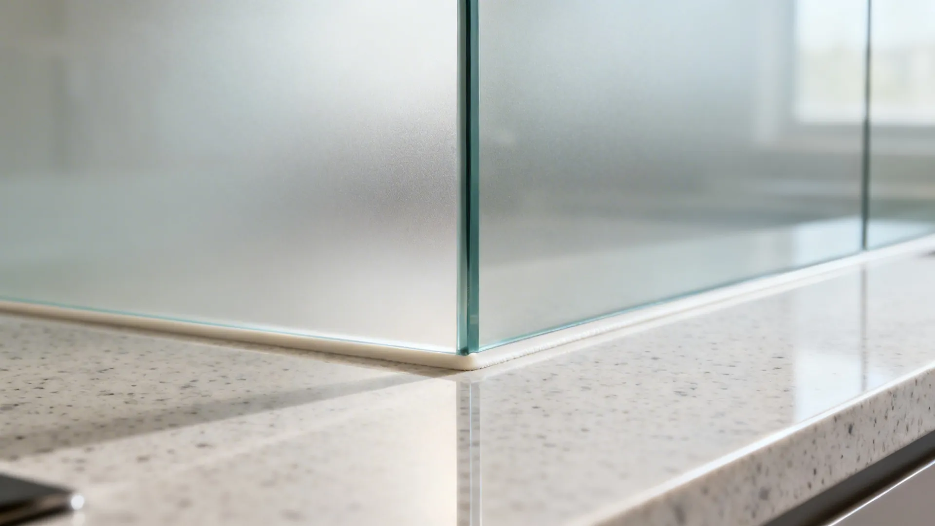 Macro of satin glass backsplash edge meeting quartz countertop with precise seam