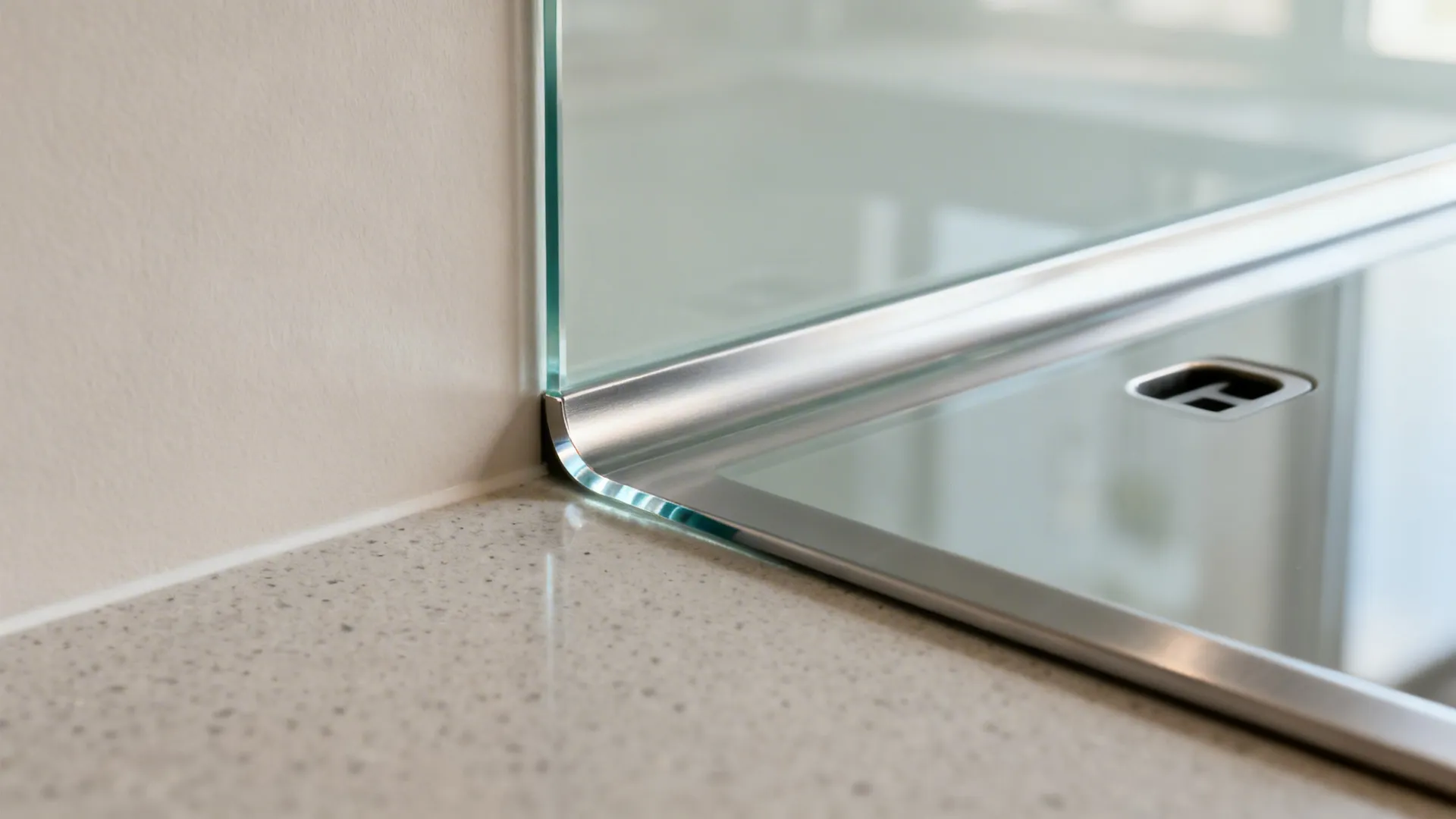 Macro of satin low-iron glass splashback meeting a matte quartz worktop with a crisp polished edge.
