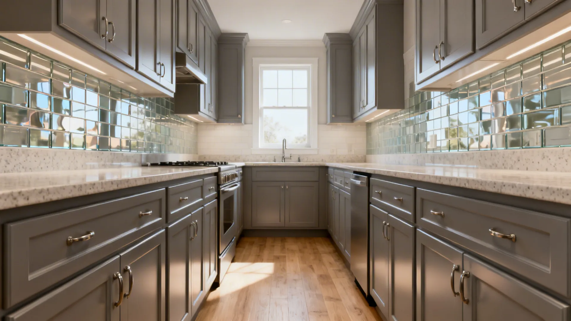 Compact galley kitchen with warm gray satin-finish cabinets and airy glass backsplash.