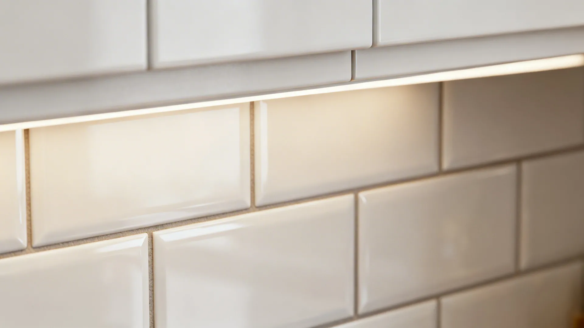 Macro of satin-finish tile with color-matched narrow grout lines softly diffusing light.