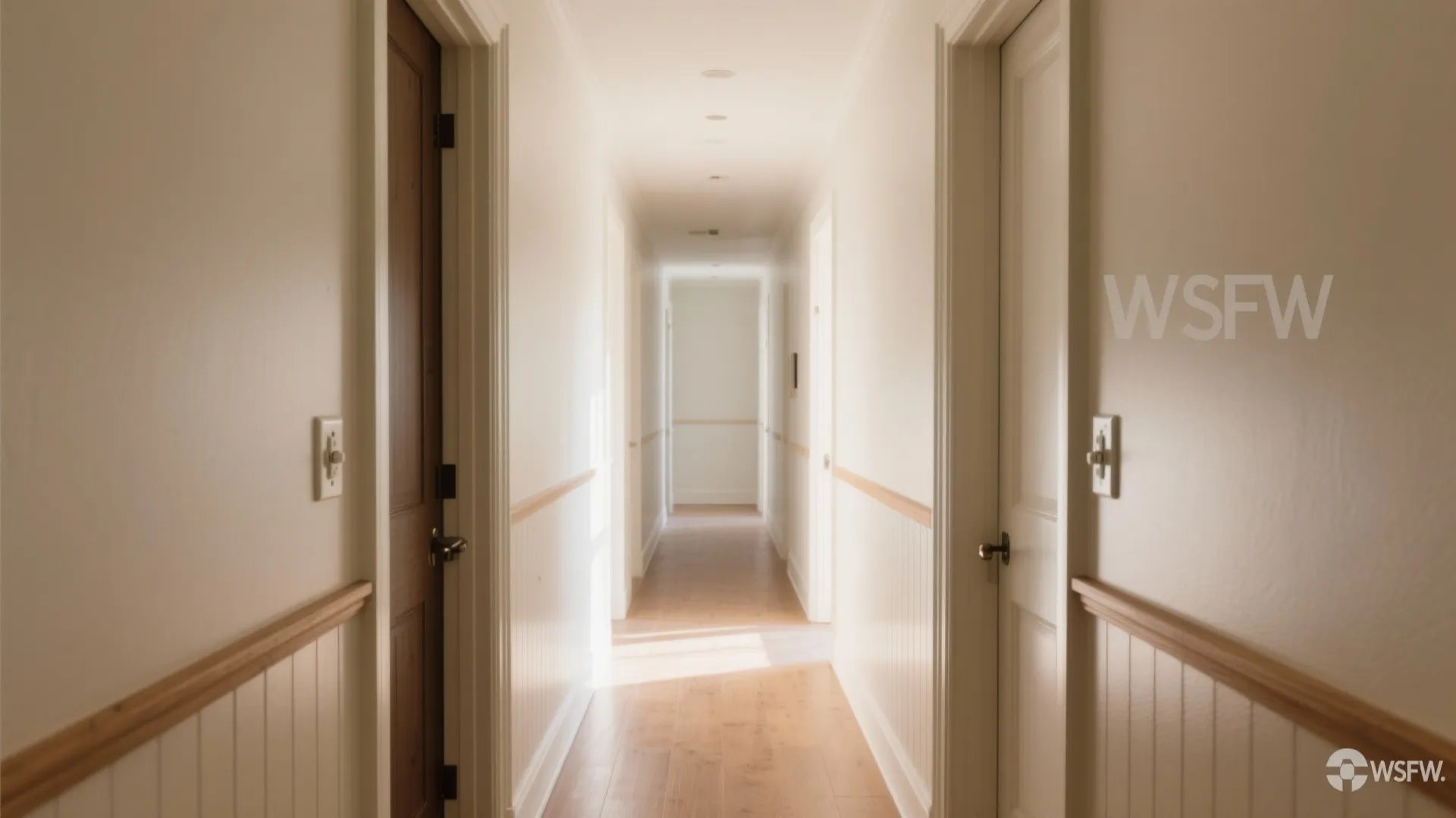 Long narrow hallway with white walls and wooden floor featuring wall panel and multiple doors