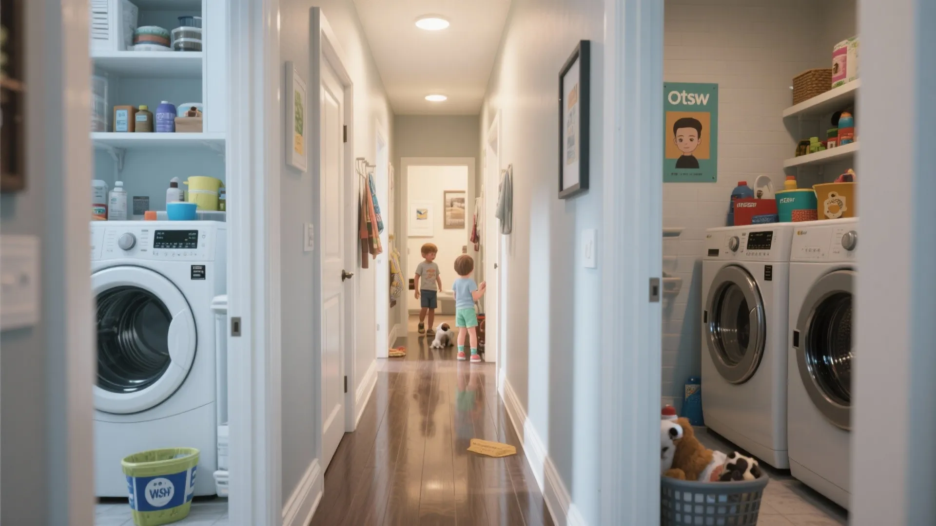 Narrow hallway with satin vinyl paint showing subtle light bounce and durable finish.