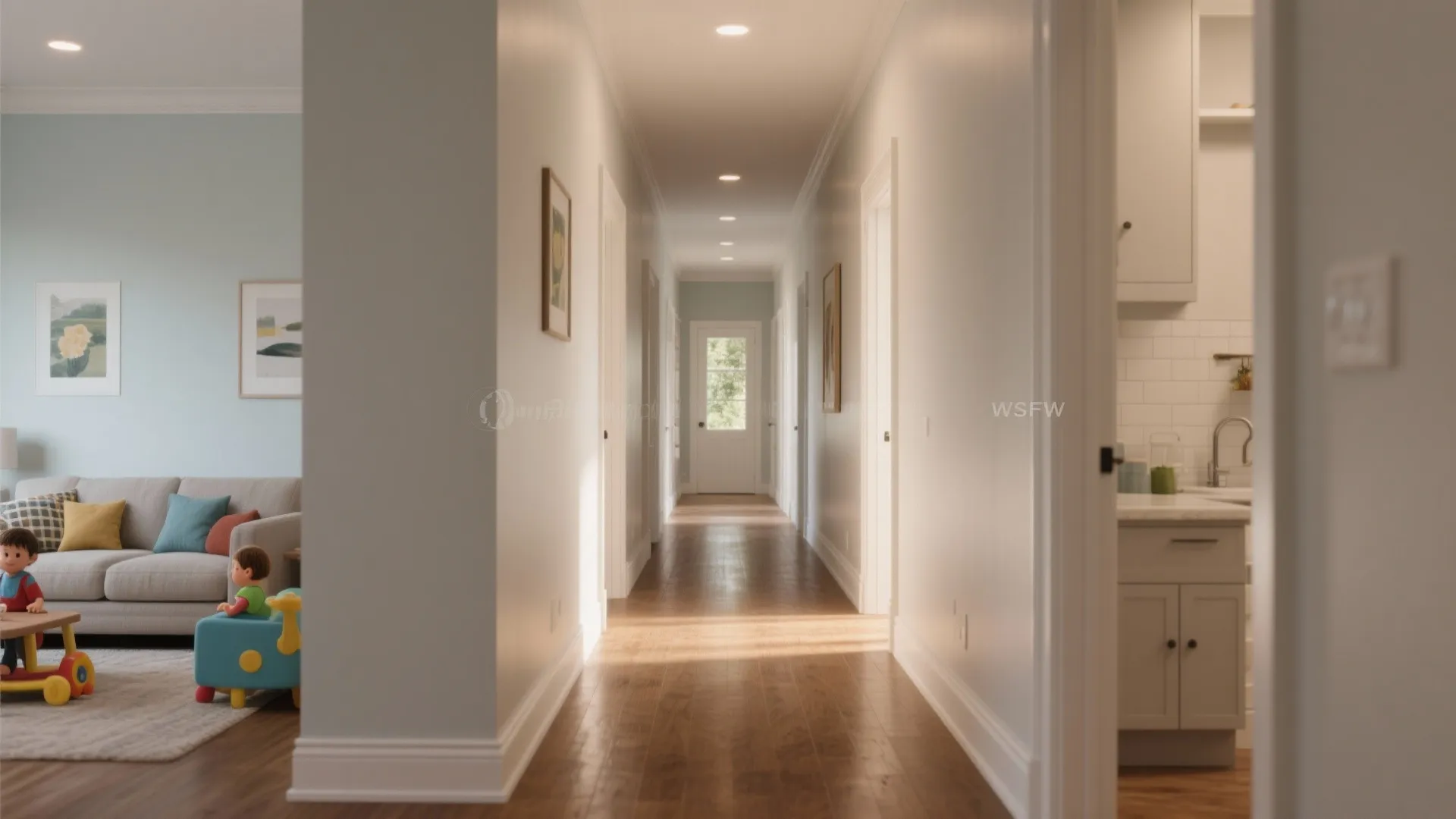 Hallway and family area with satin-painted walls showing a soft glow and durable, easy-clean finish.