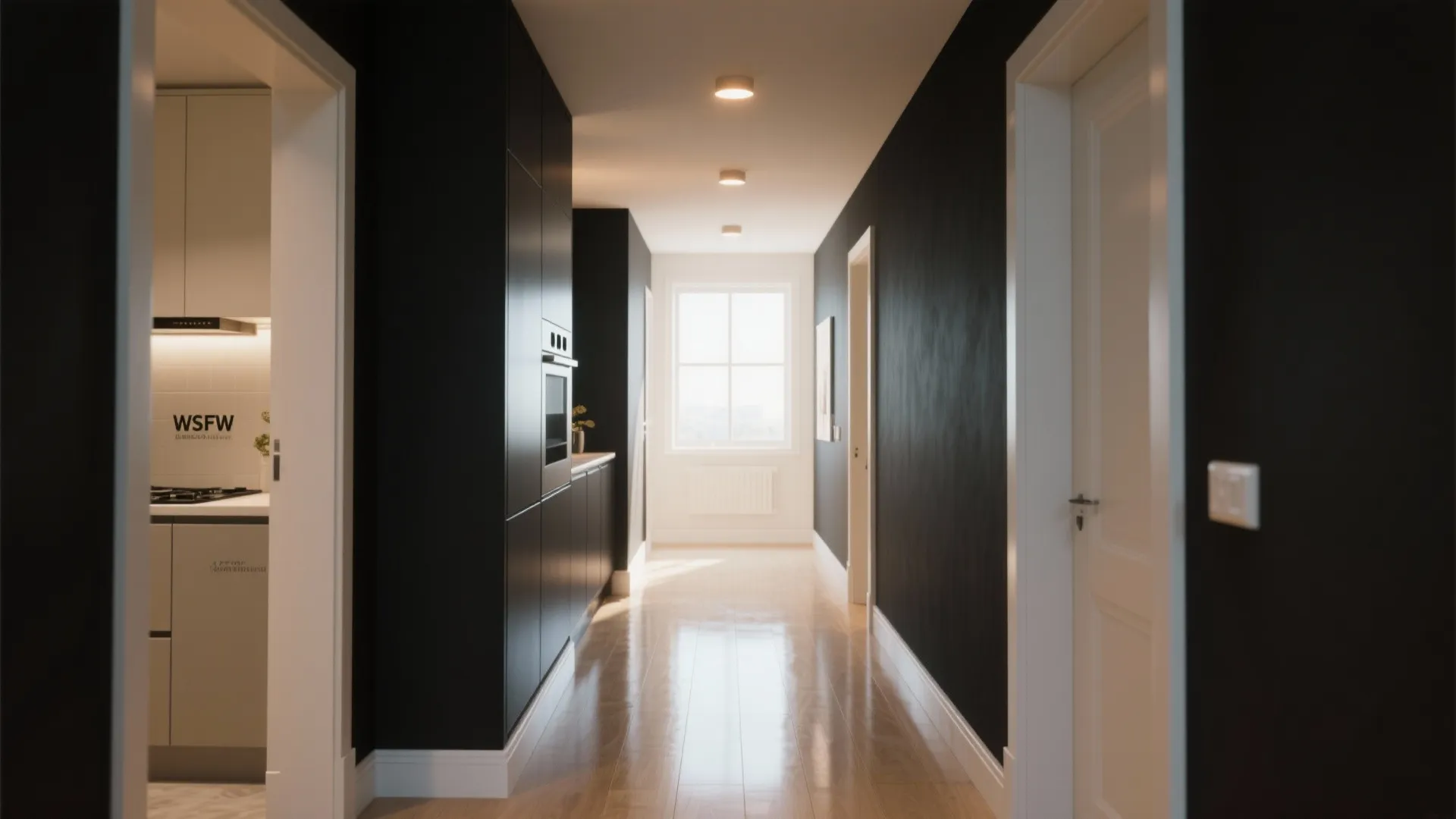 Modern hallway with black walls light wood floor white doors and several small round ceiling lights