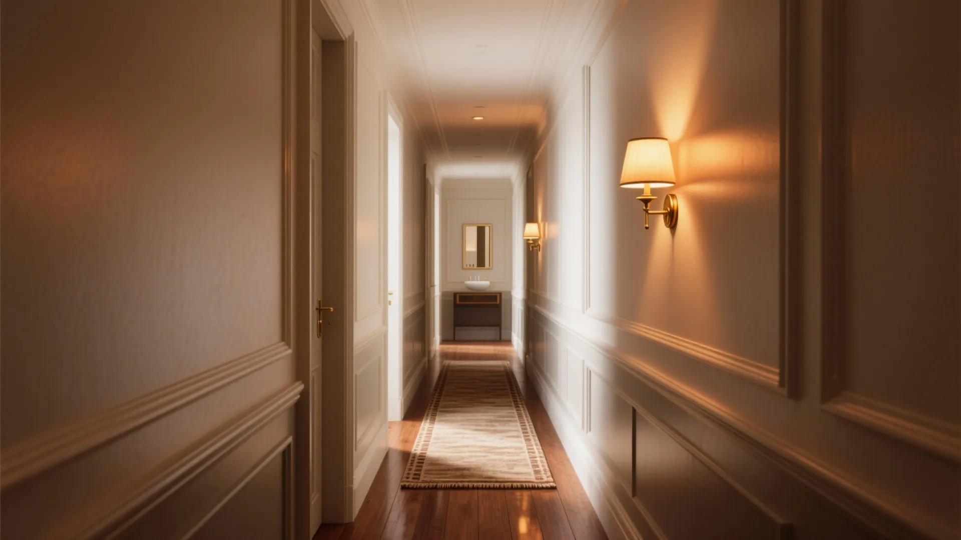 Long elegant hallway with wall panel design wall light fixtures and a brown floor rug