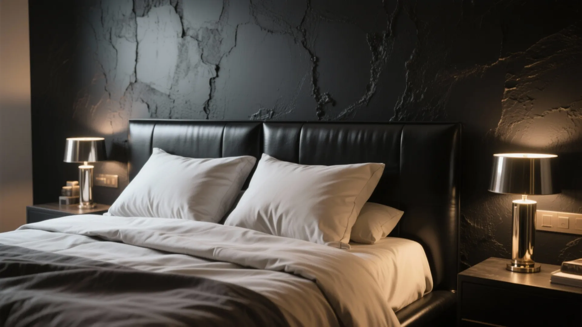 Dark bedroom with black leather headboard white pillows and warm light from two bedside lamps