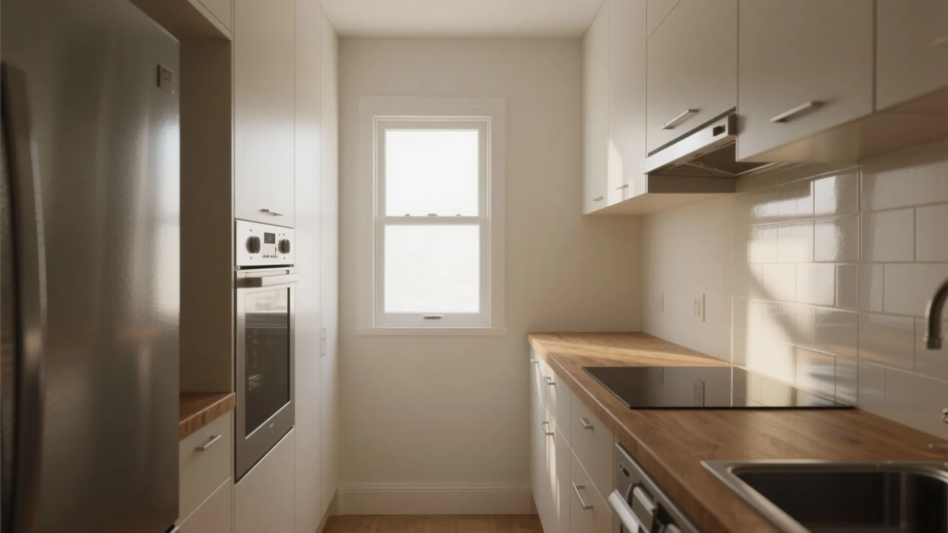 Small galley kitchen with white cabinets wood countertops built in oven and large bright window
