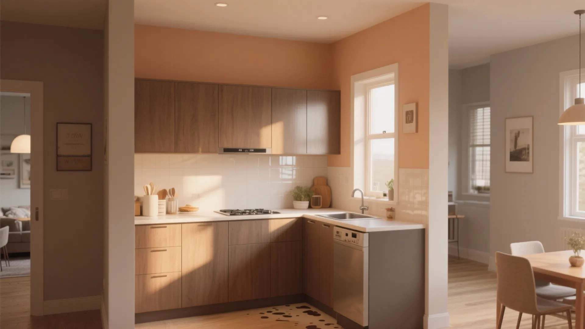 Modern kitchen with wood cabinets white countertops peach walls and a window over the sink