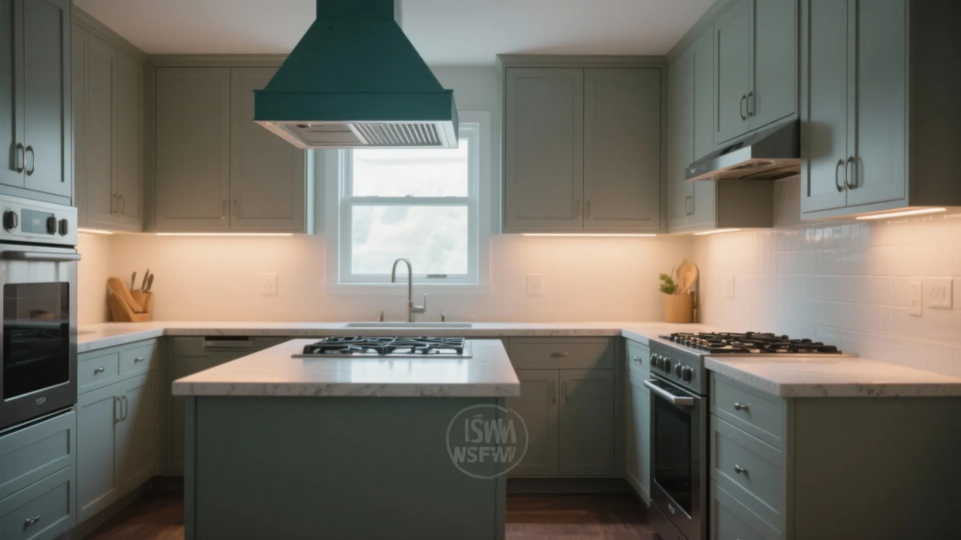 Modern kitchen with olive green cabinets white countertops kitchen island and light grey tile walls