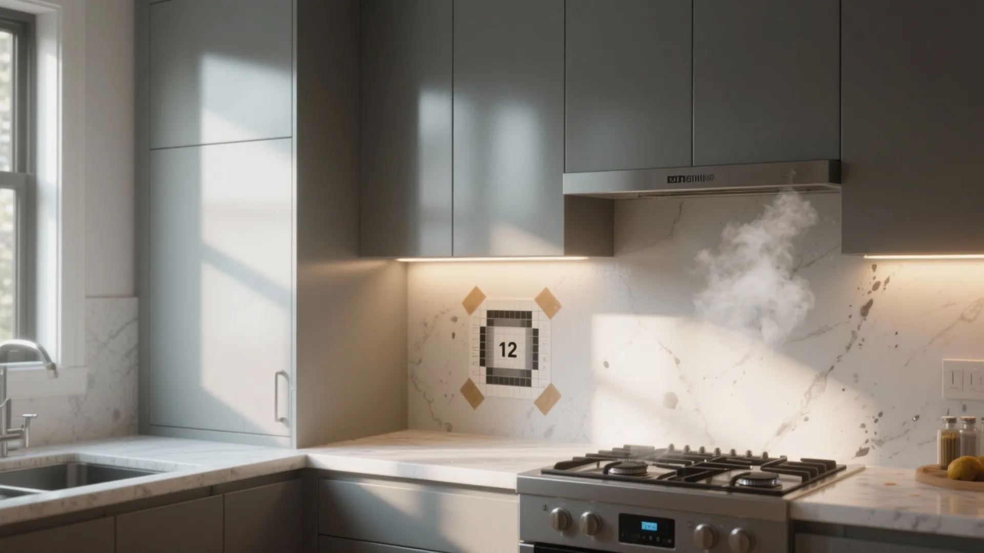 Modern kitchen with washable satin painted walls, visible test patch, and realistic steam splatter hints near the stove.