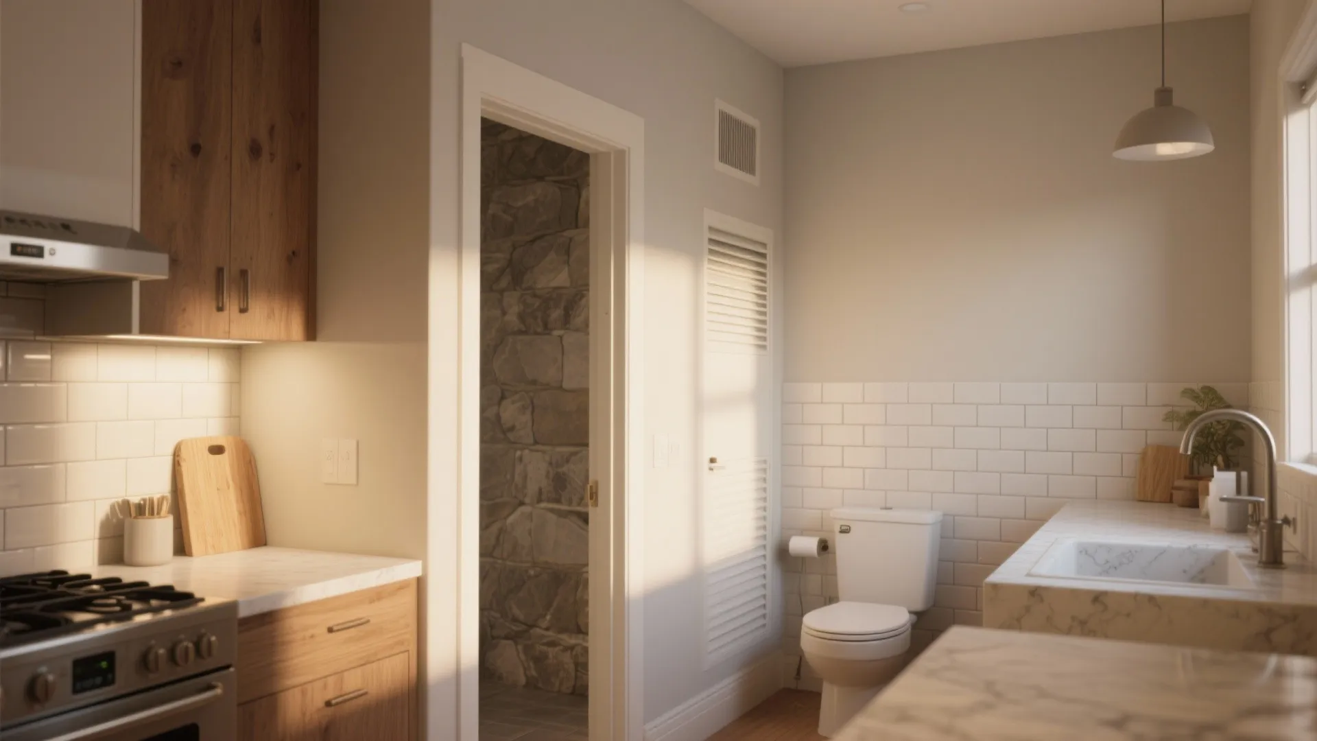 Interior view showing a kitchen with wood cabinets next to a bathroom with white tiles