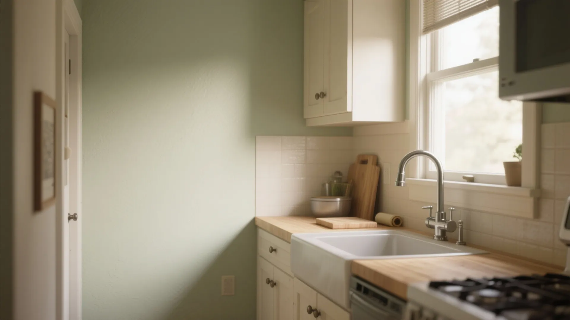 Compact kitchen showing satin low-sheen painted walls near the prep area under soft daylight.