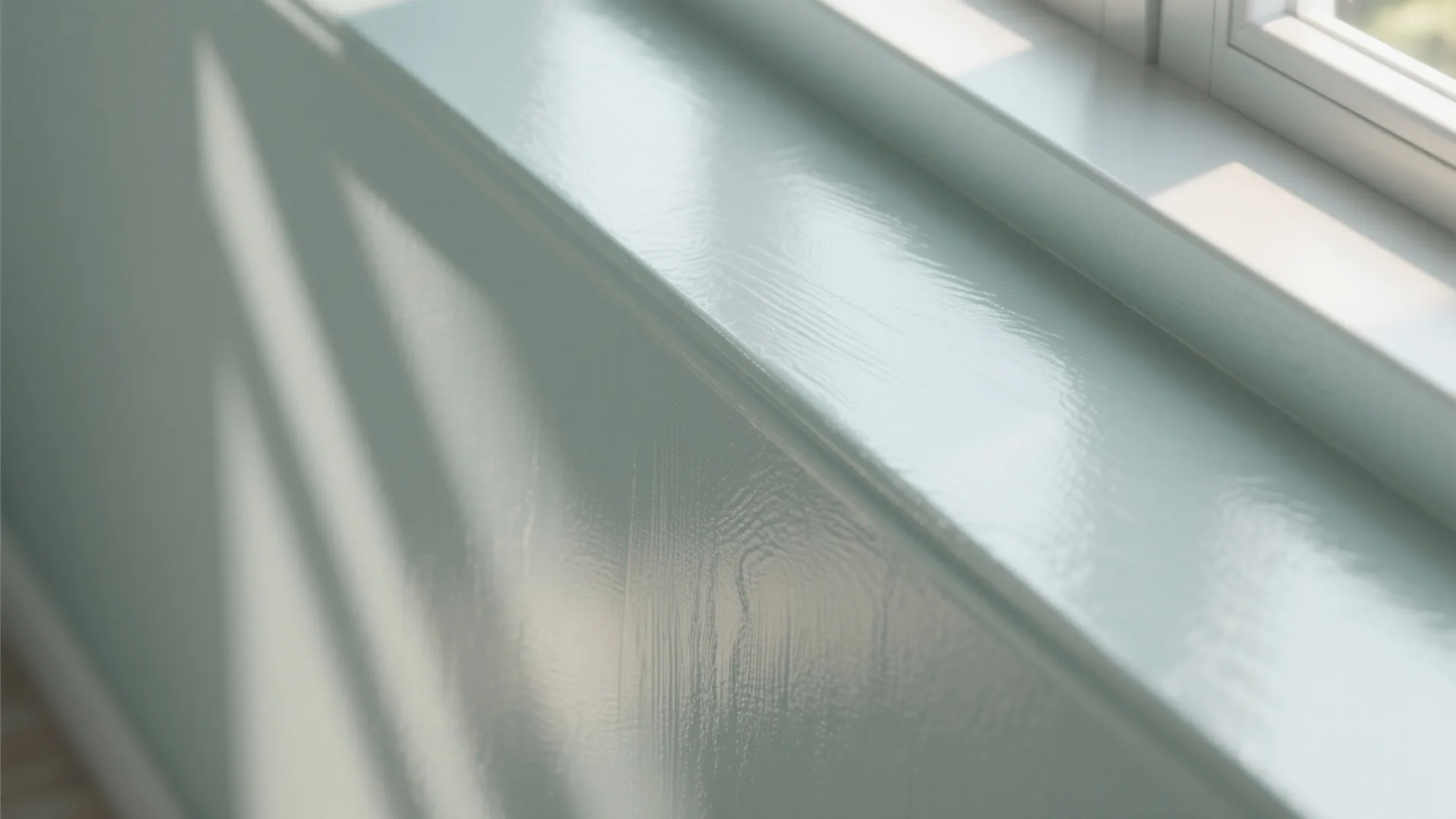 Light blue painted wooden windowsill with bright sunlight reflecting on the smooth and shiny paint surface
