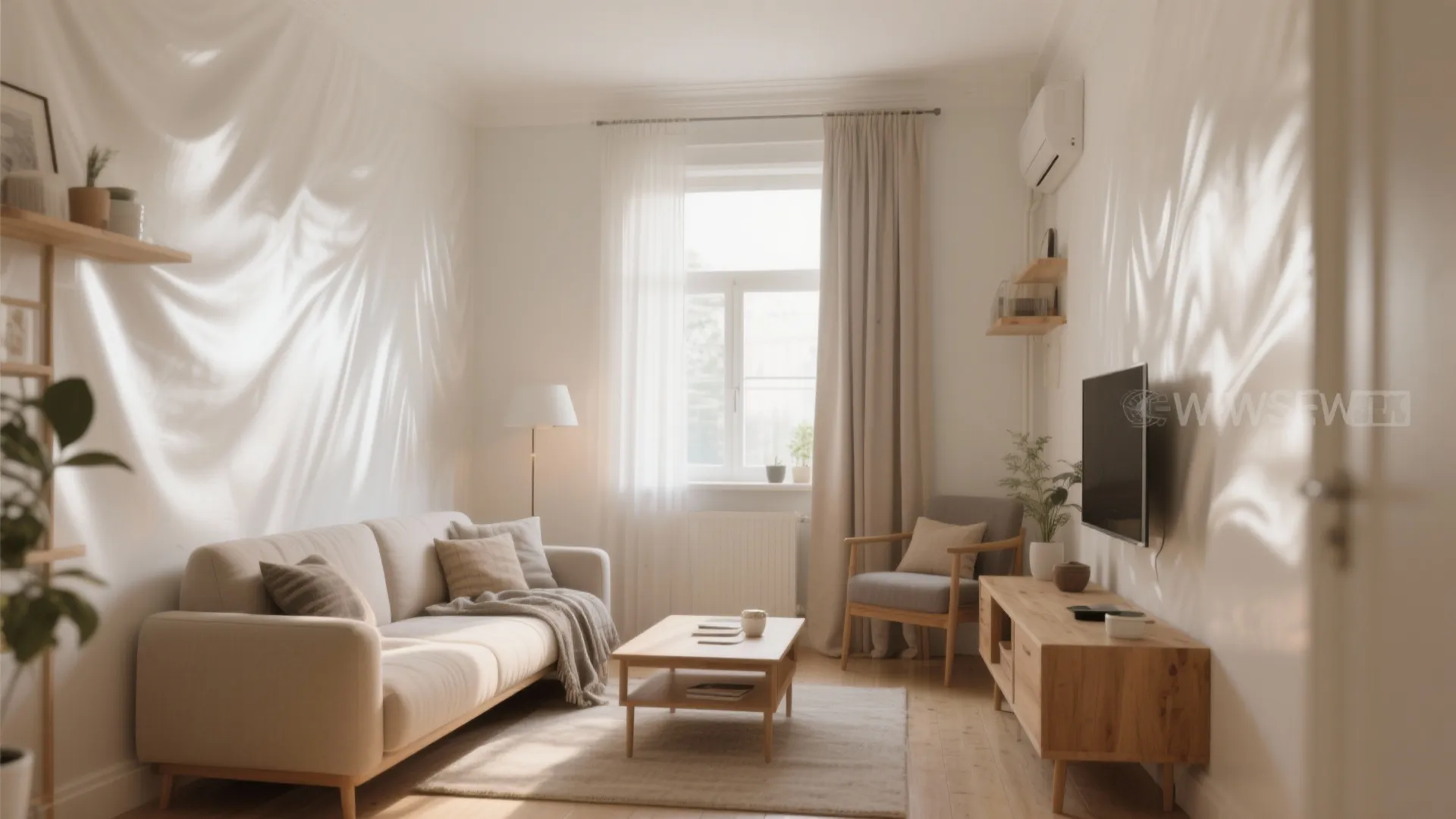 Bright living room with white sofa wooden coffee table television and soft sunlight through curtains