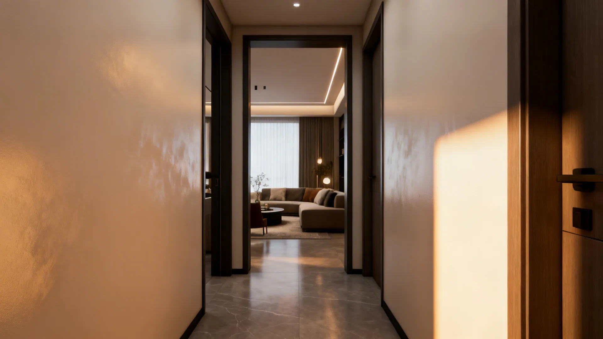 Living room entrance with satin-painted walls showing a soft reflective glow and durable finish.