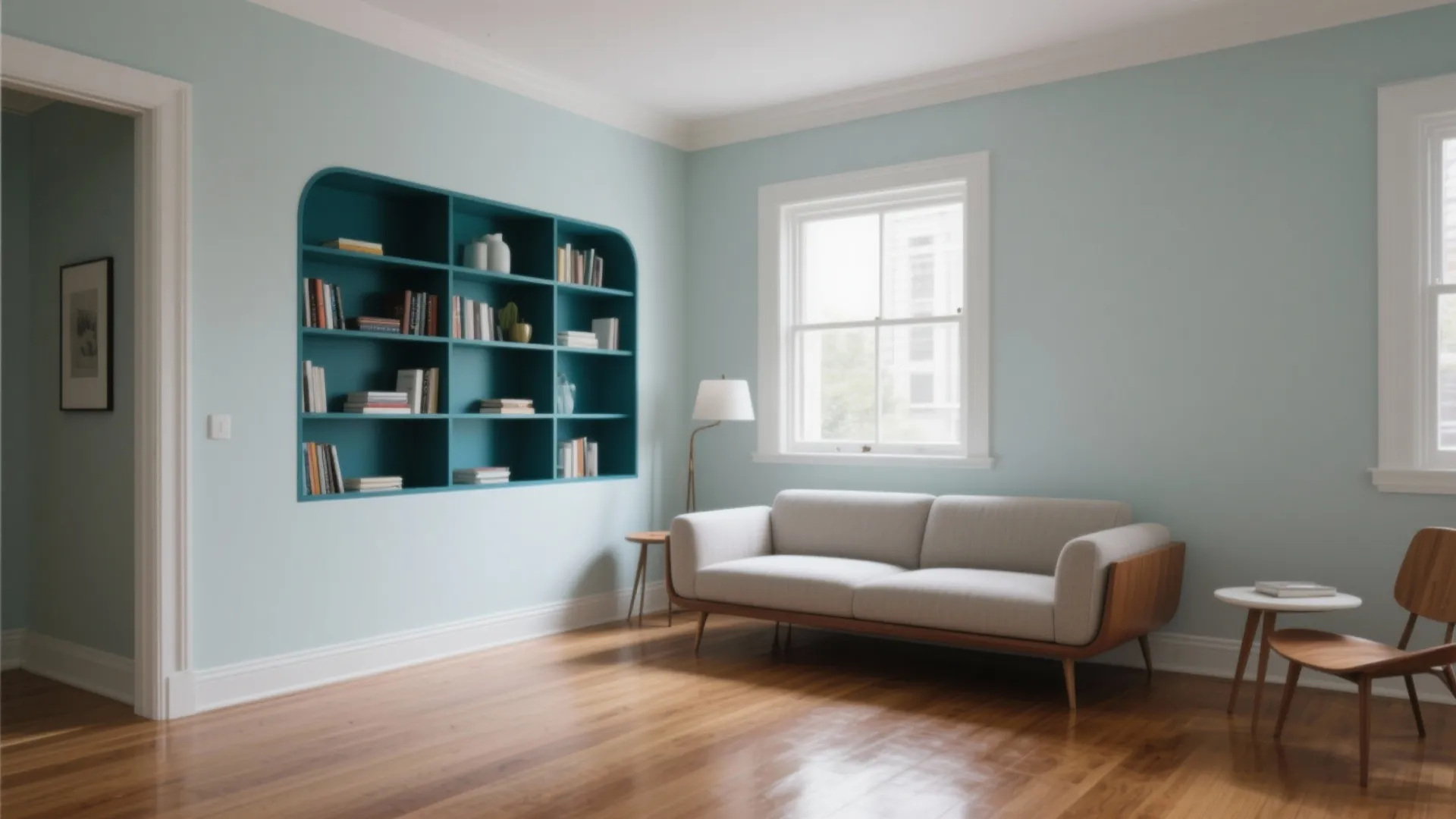 Modern living room with light blue walls wooden floor grey sofa and built in bookshelf
