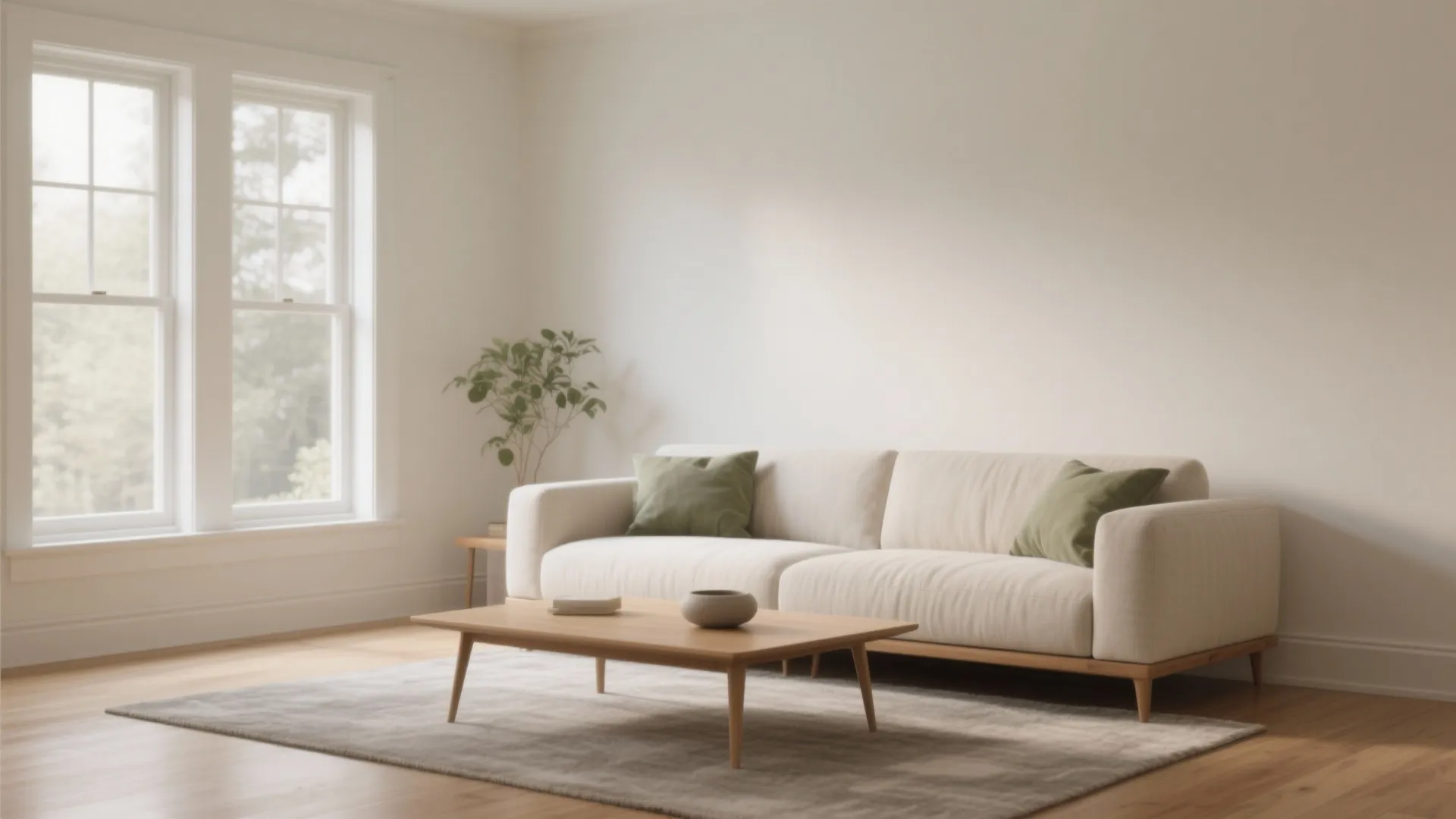 Modern minimalist living room featuring white sofa with green cushions wooden coffee table and natural light