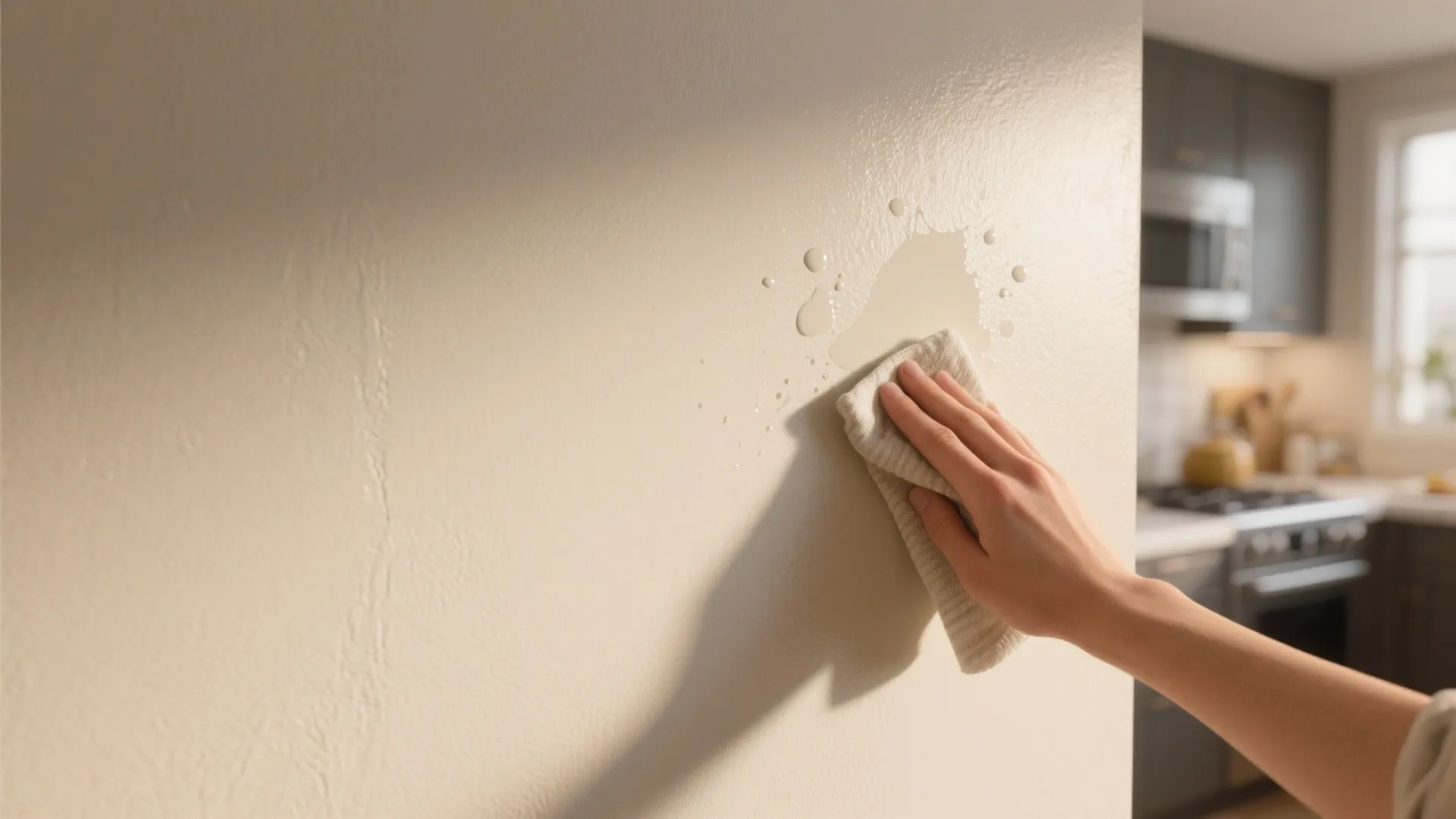Close-up of a satin low-sheen kitchen wall being wiped clean to show durability.