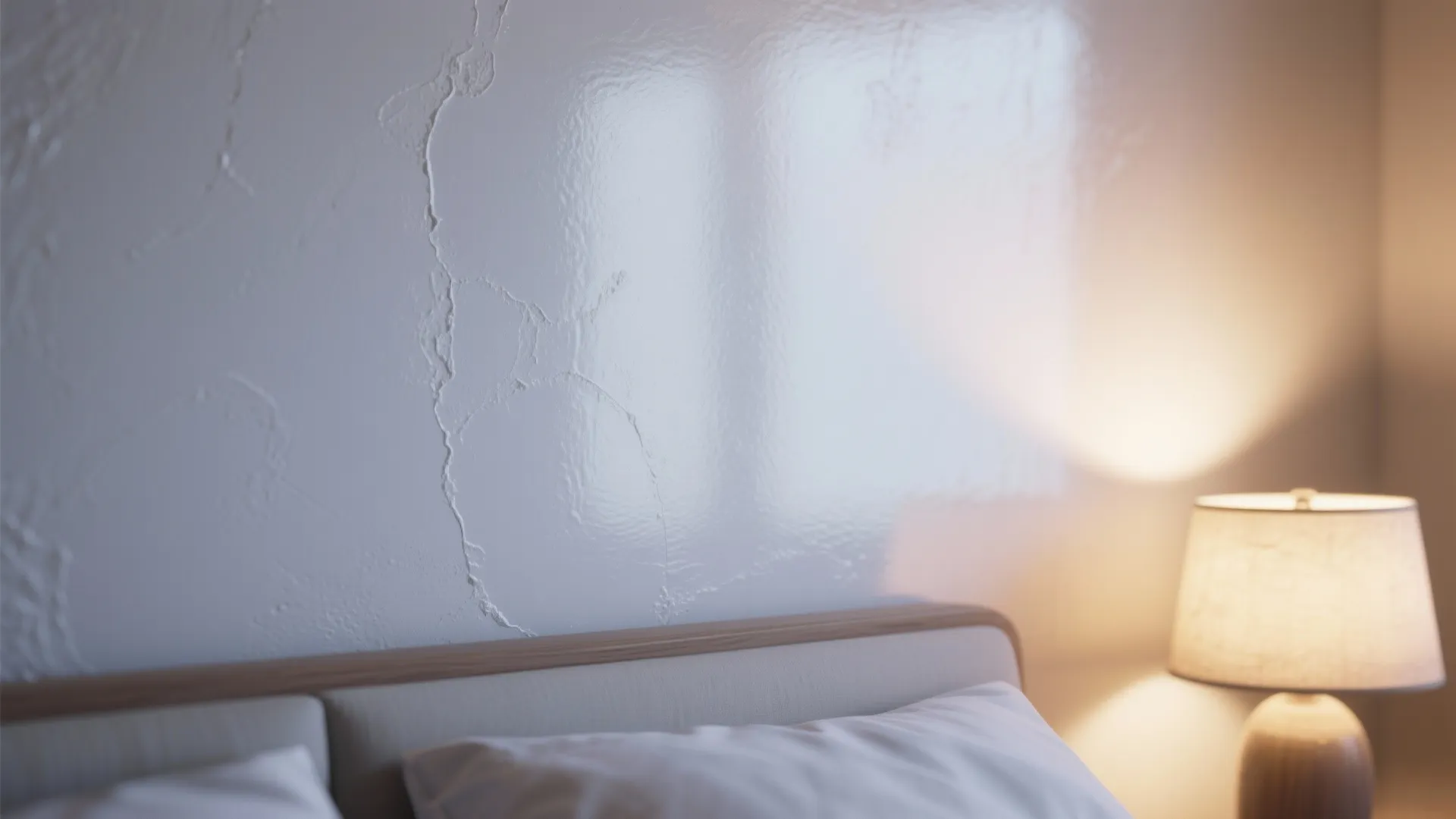 Close up view of white textured wall panel behind a bed with a warm lamp