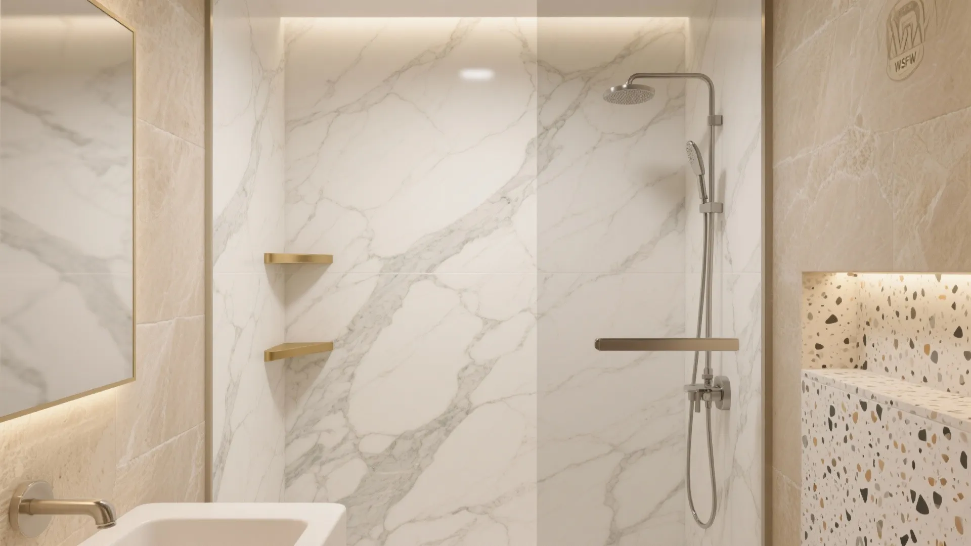 Satin marble-look sticker shower with soft veining, brass shelf, and aligned seams for a spa-like feel.