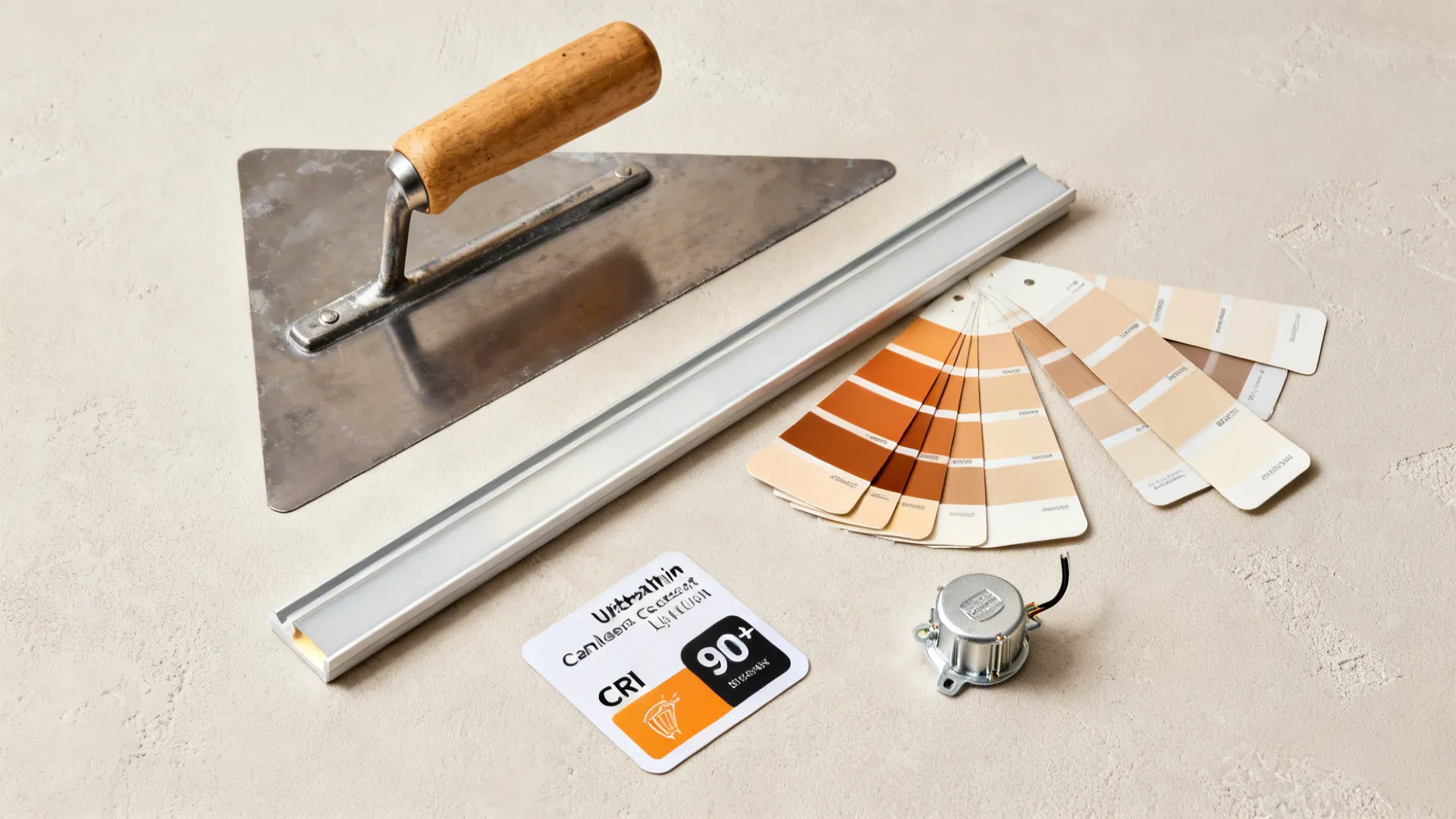 Top-down flat lay of skim-coat tools, satin paint swatches, and ultra-thin light sample.