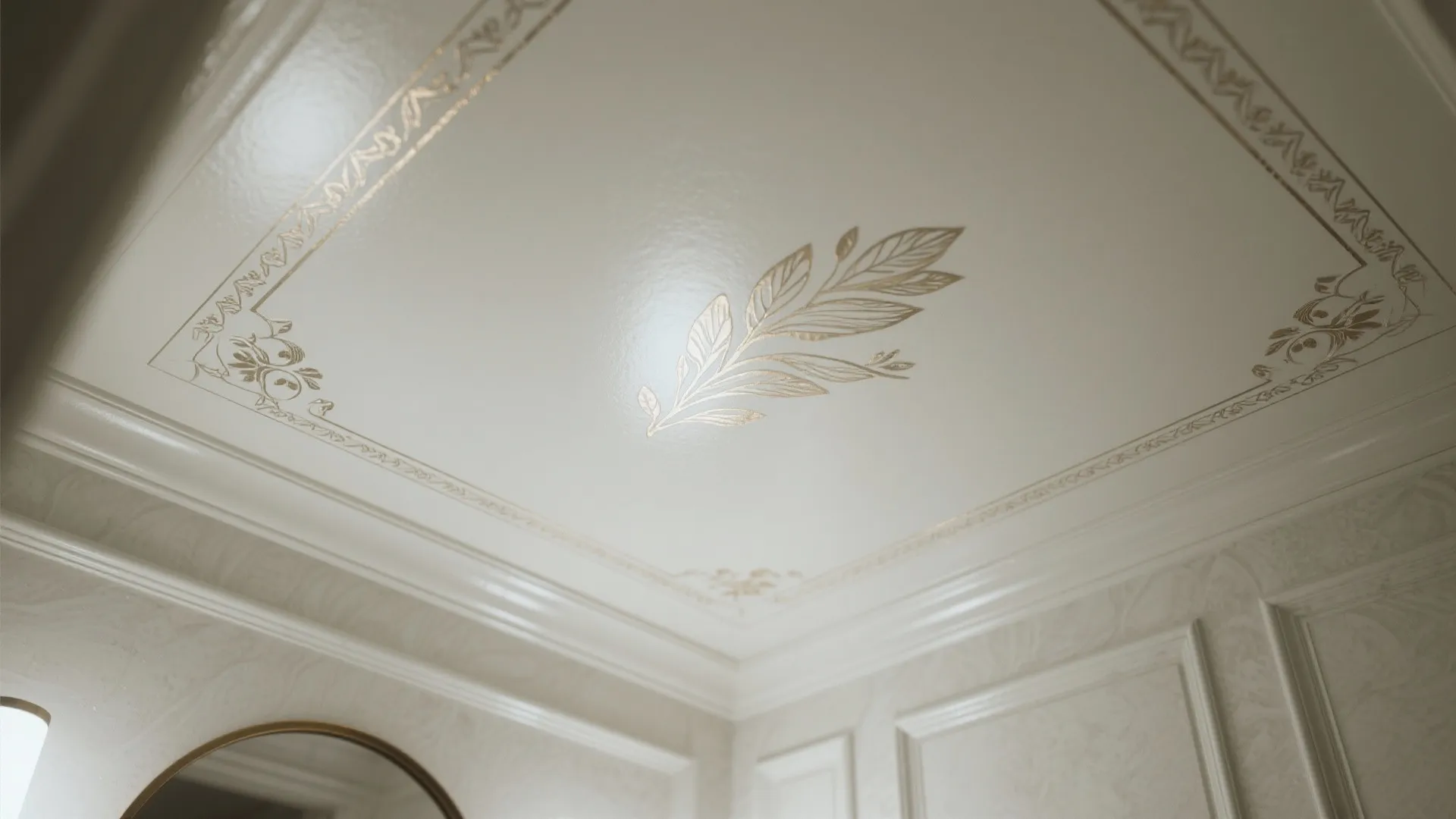 Elegant white ceiling design with gold leaf patterns and decorative borders in a classic room