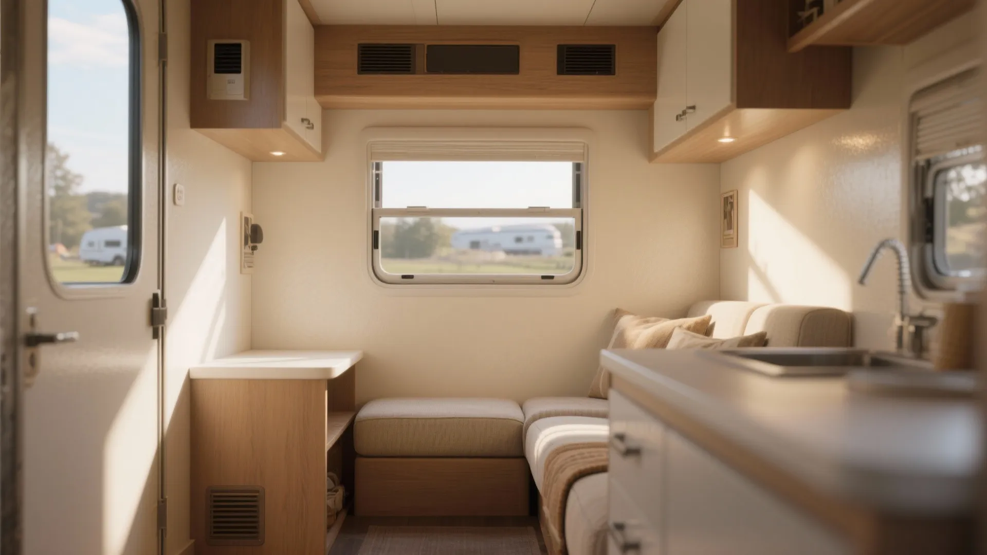 Small travel trailer interior with beige sofa, light wood cabinets, kitchen sink, and bright window