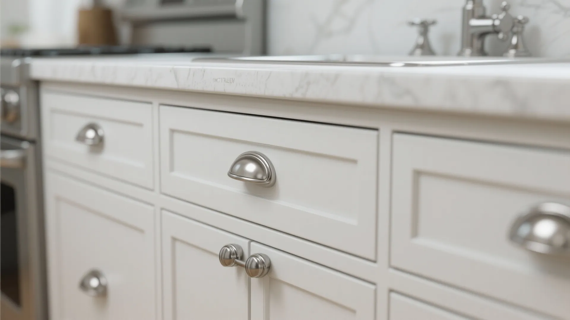 White kitchen cabinets featuring silver metal cup handles and a marble countertop with a sink