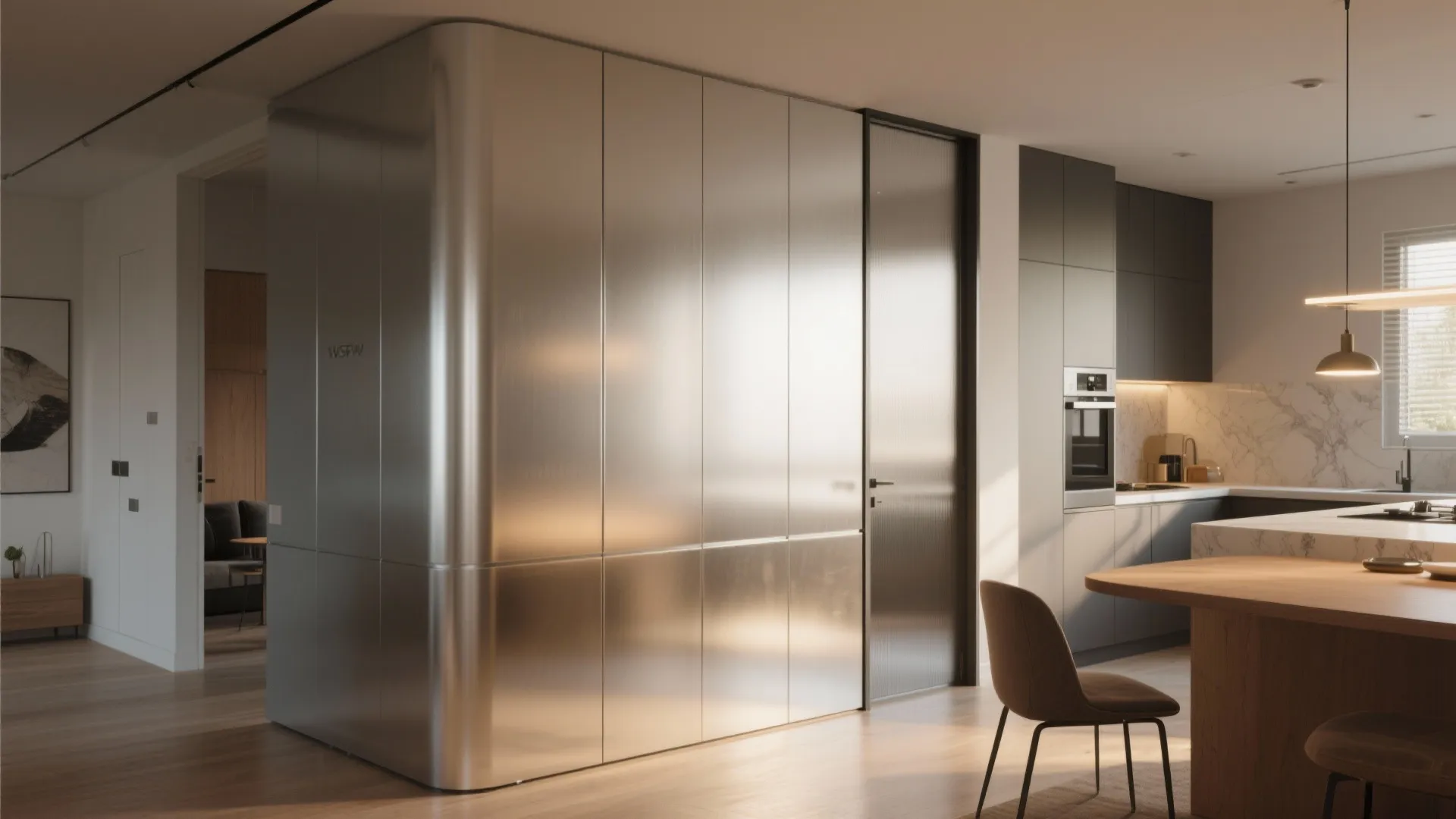 Modern room with large silver wall paneling next to a kitchen with wooden dining table