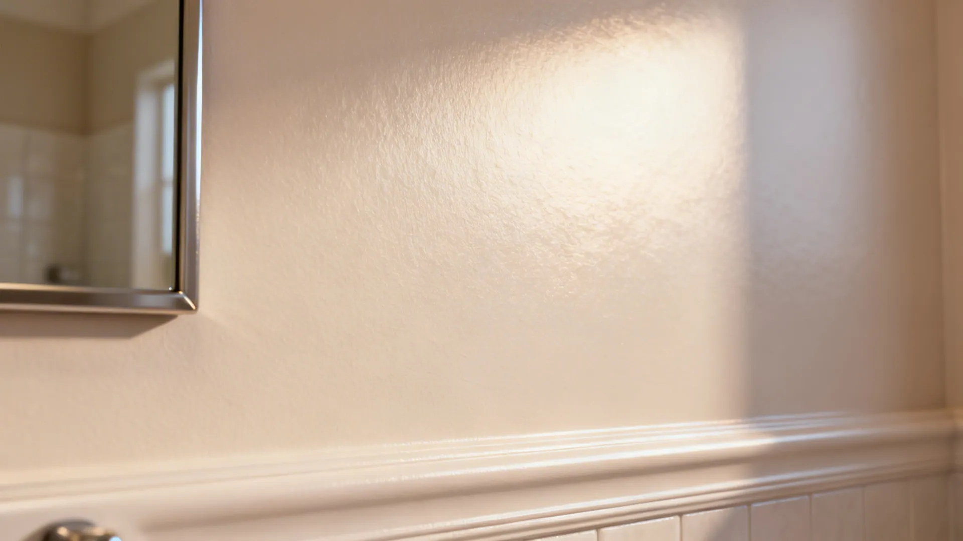Macro of a satin-finish bathroom wall showing smooth, wipeable texture and sealed trim