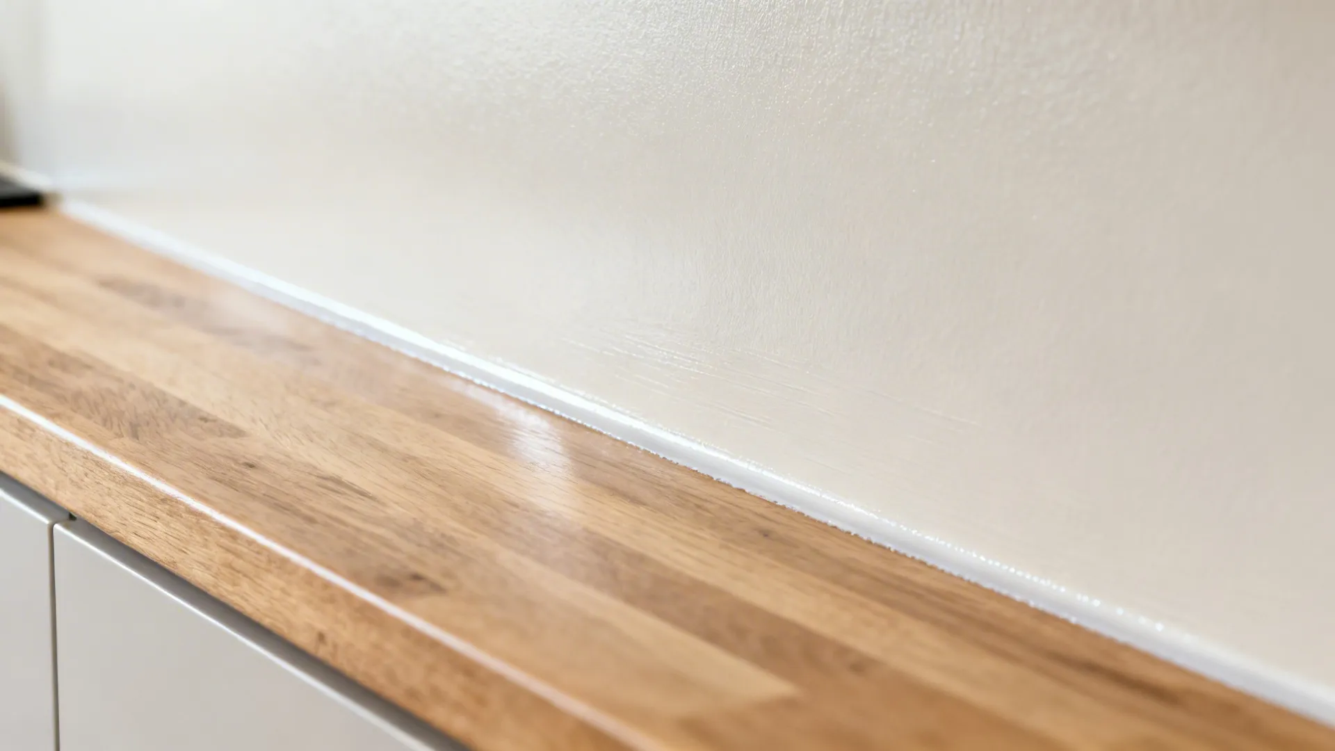 Macro of satin painted splashback meeting oak worktop with neat silicone edge in a UK kitchen.