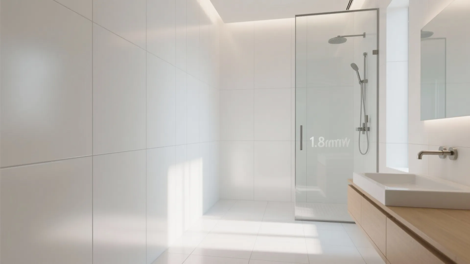 Interior design drawing of minimalist bathroom with white wall panels glass shower and wooden cabinet