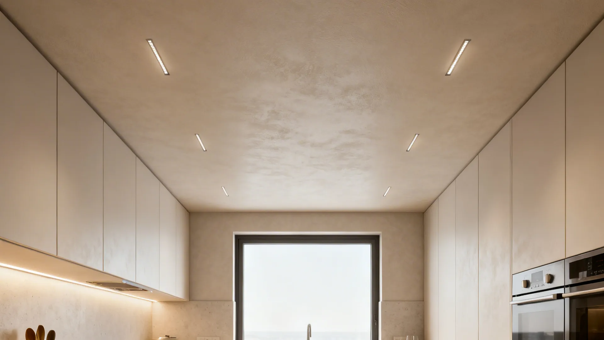 Compact kitchen with satin-plaster ceiling and ultra-thin recessed lights.