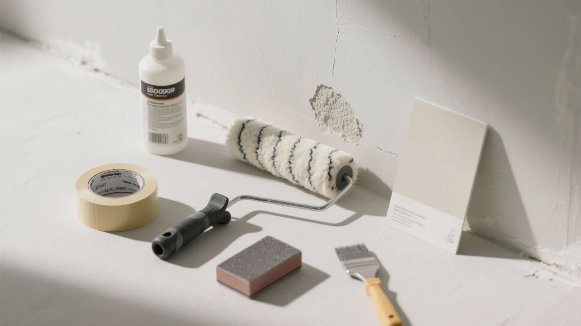 Paint roller masking tape sanding block and brush set on floor for a home painting project