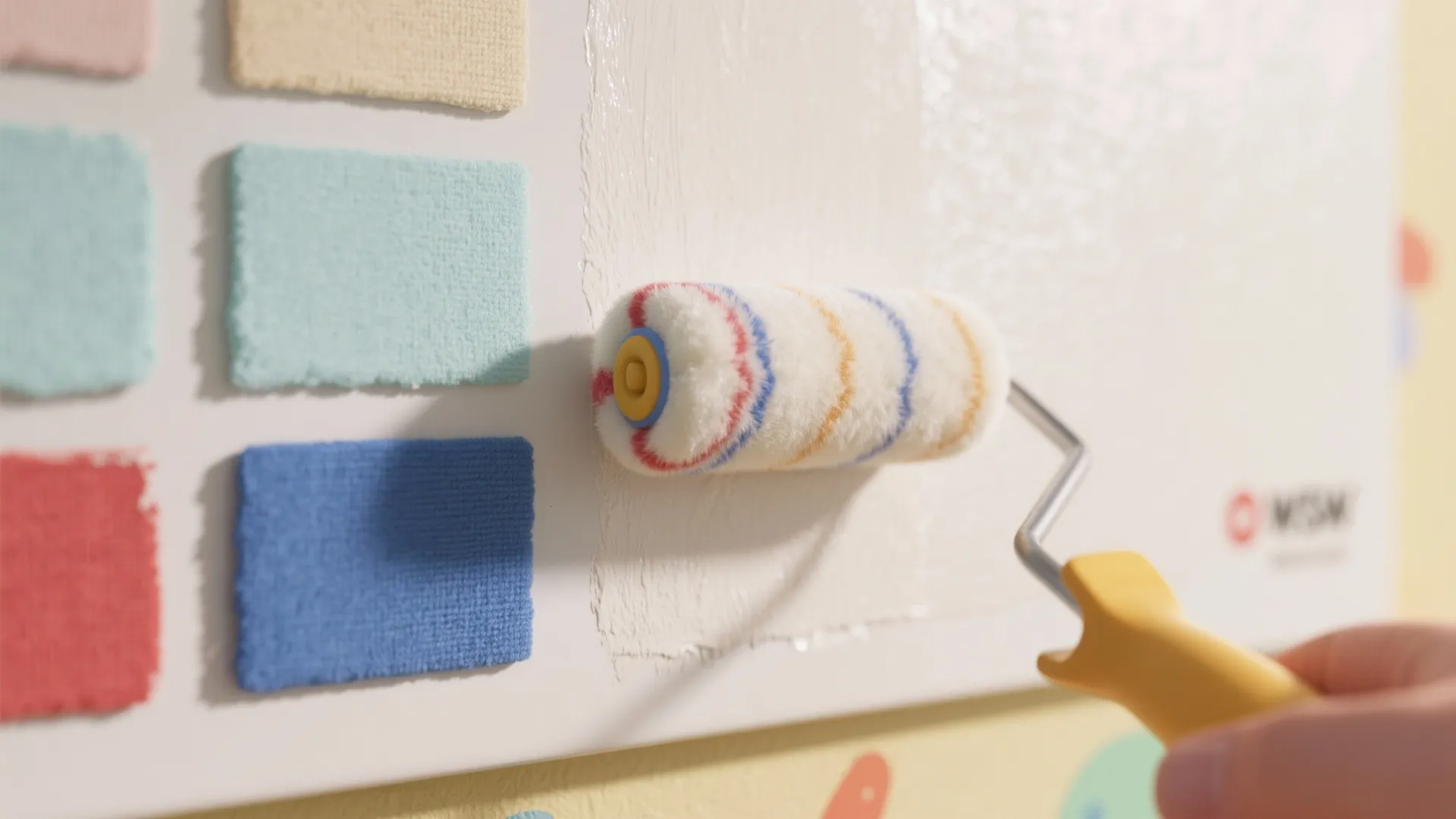 Hand using a small paint roller to apply white paint on wall beside color swatches