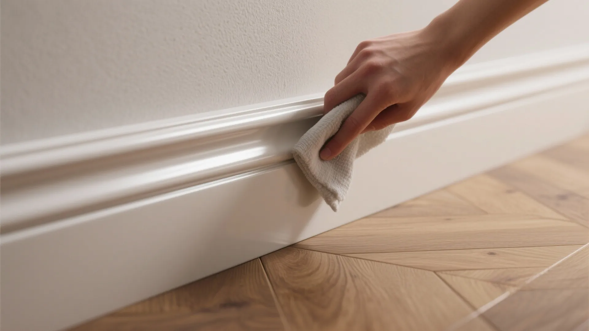 Macro close-up of baseboard showing satin and semi-gloss paint finishes with subtle sheen and smooth texture being wiped clean.