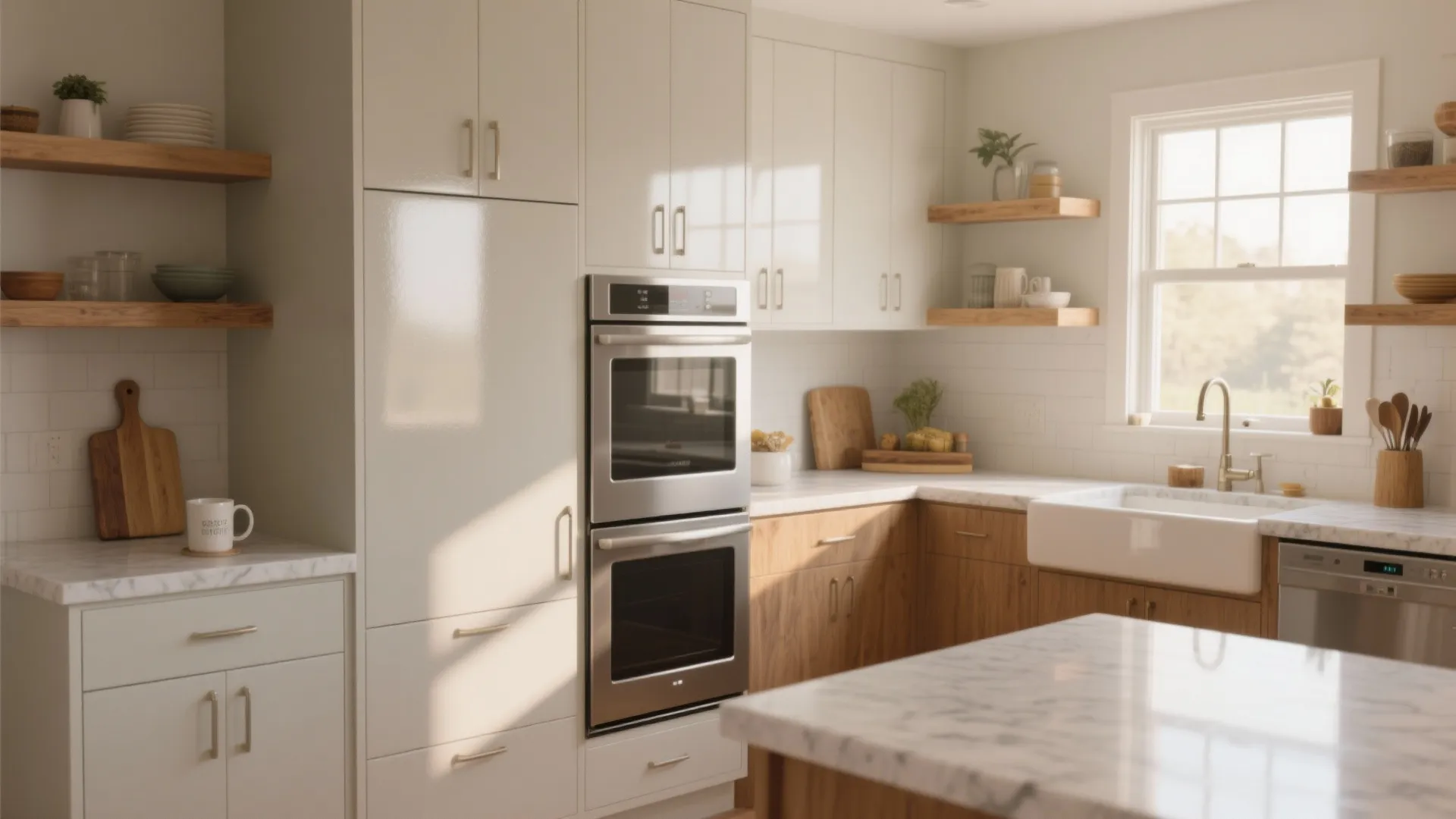 Bright kitchen interior featuring white wall cabinets wooden base cabinets double ovens and marble countertops
