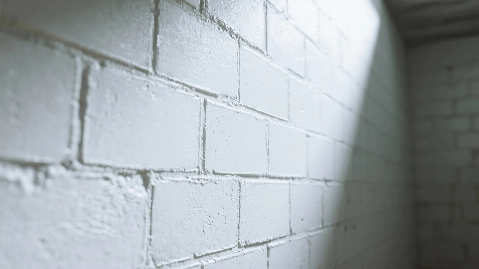 Macro of satin-sheen paint on concrete block wall reflecting soft daylight.