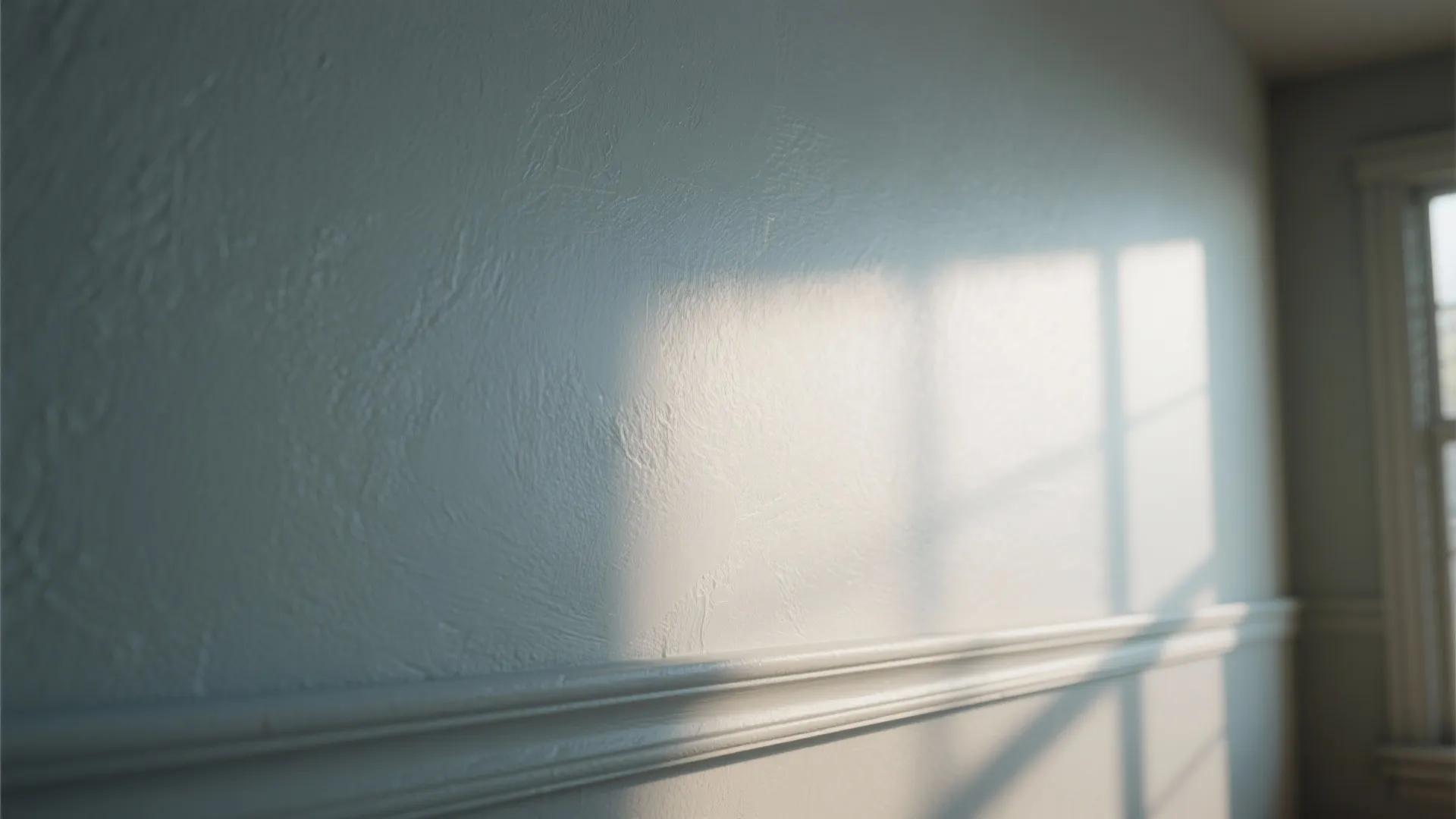 Close up of light blue wall with textured finish and white wall panel in sunlight