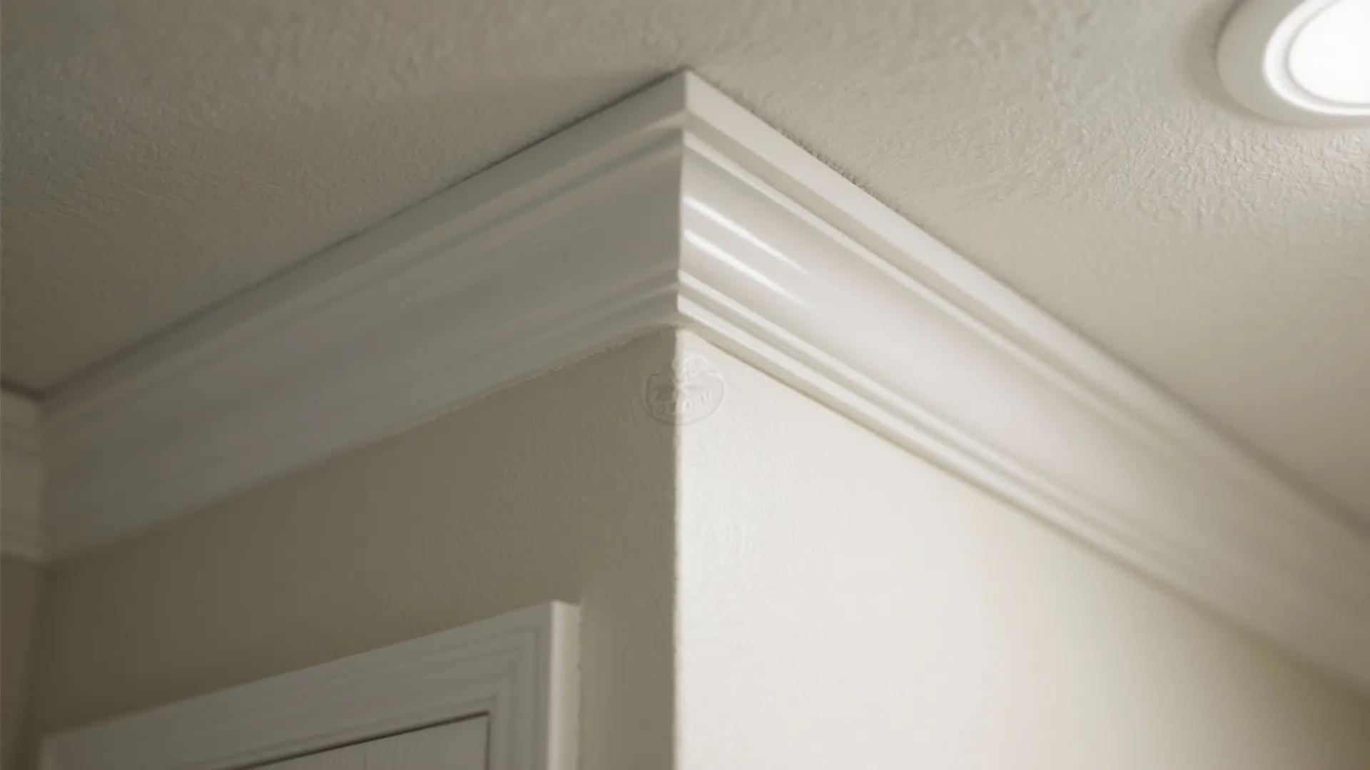 Close up of white decorative ceiling molding on beige walls in a modern home interior