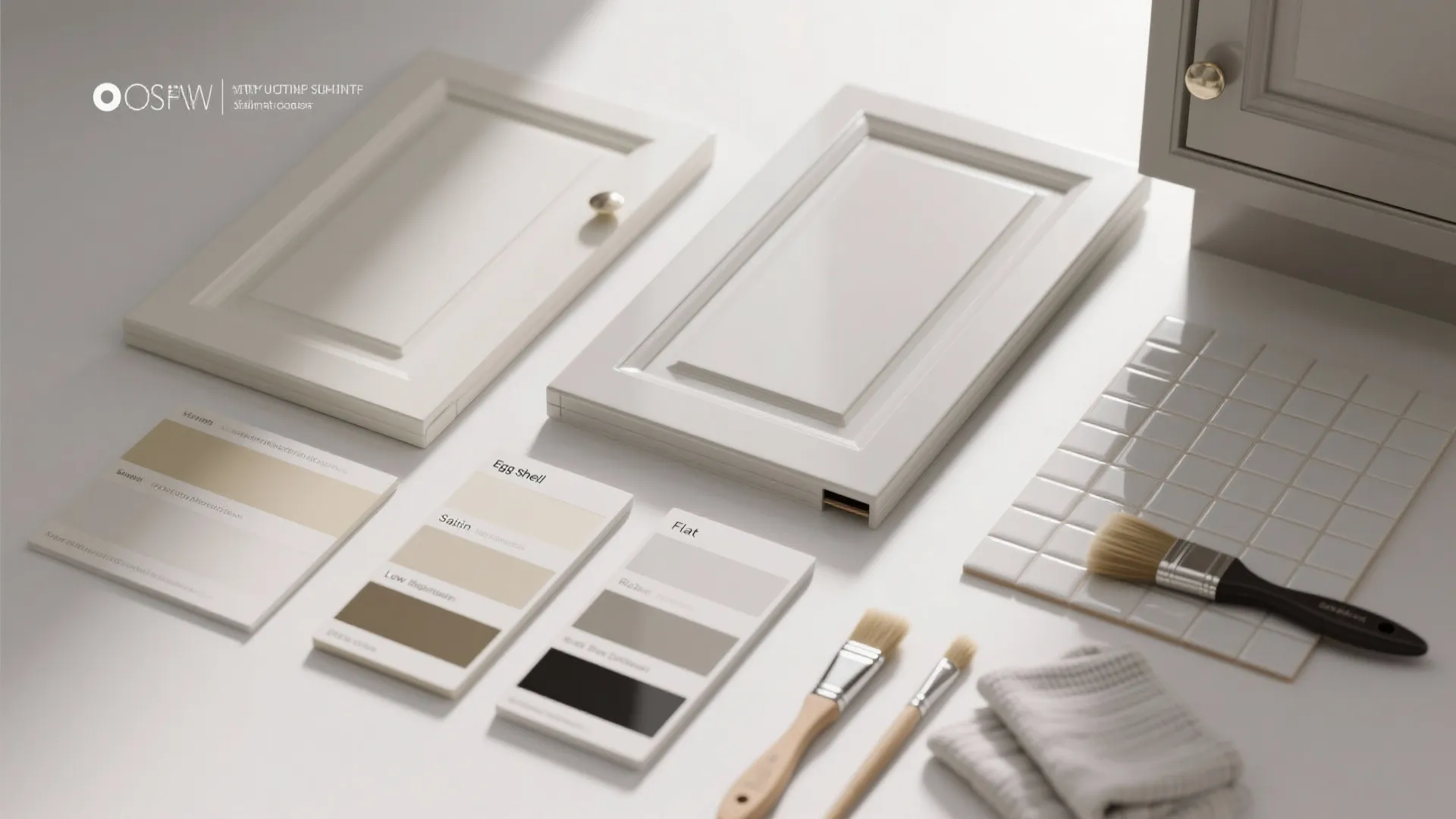 Cabinet door samples with paint color cards and brushes for interior design renovation project planning